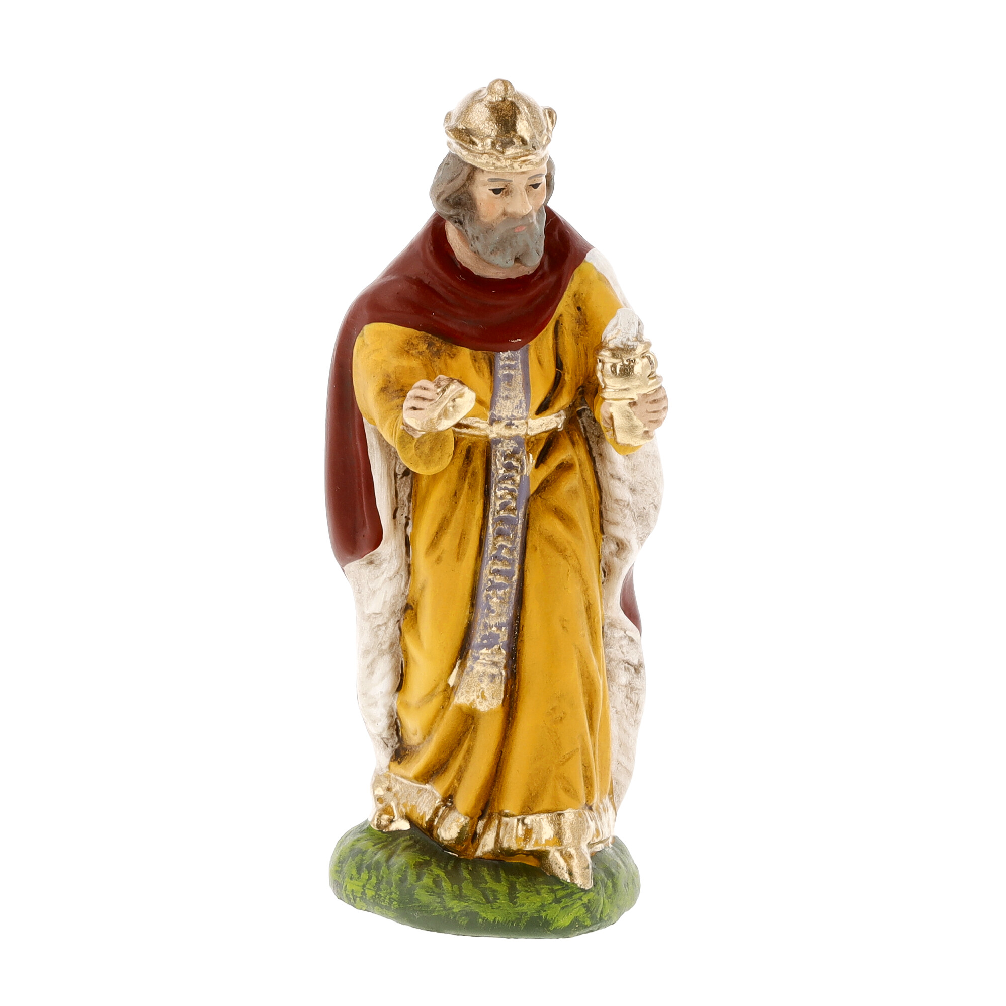 Handbemalte Krippenfigur: König mit Gabe auf Sockel
