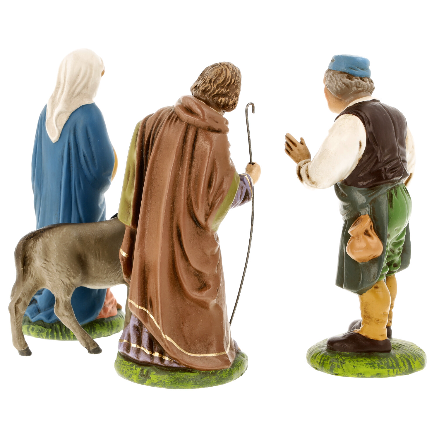 Handbemalte Krippenfiguren: Maria, Josef, Hirte und Esel
