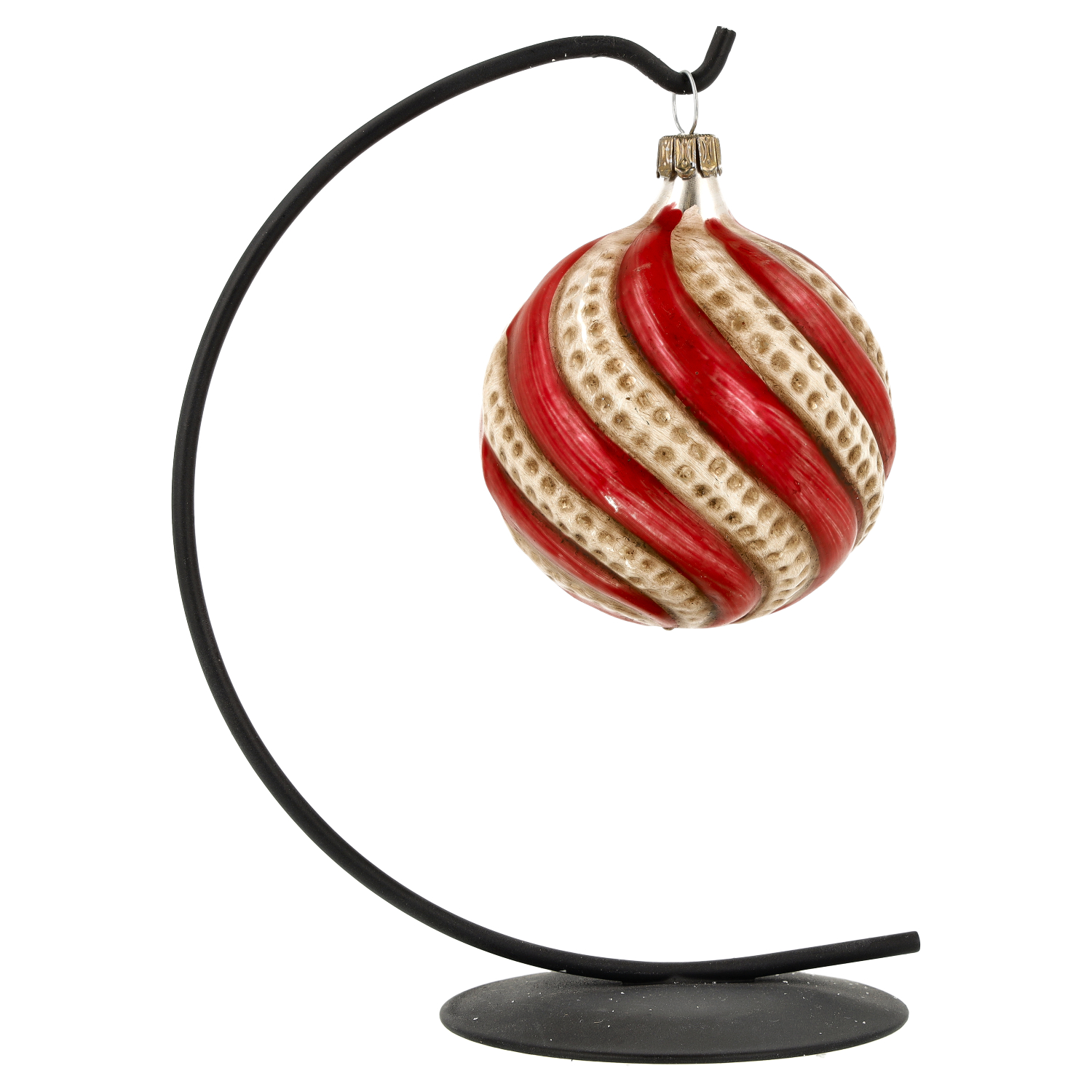 Glas-Weihnachtskugel rot-gold mit Spiralrillen am Ständer