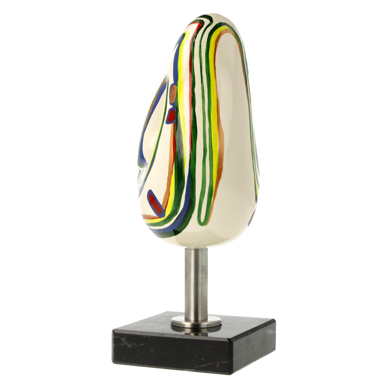 Moderne Skulptur: bemalte Keramik auf Metallstab, Sockel