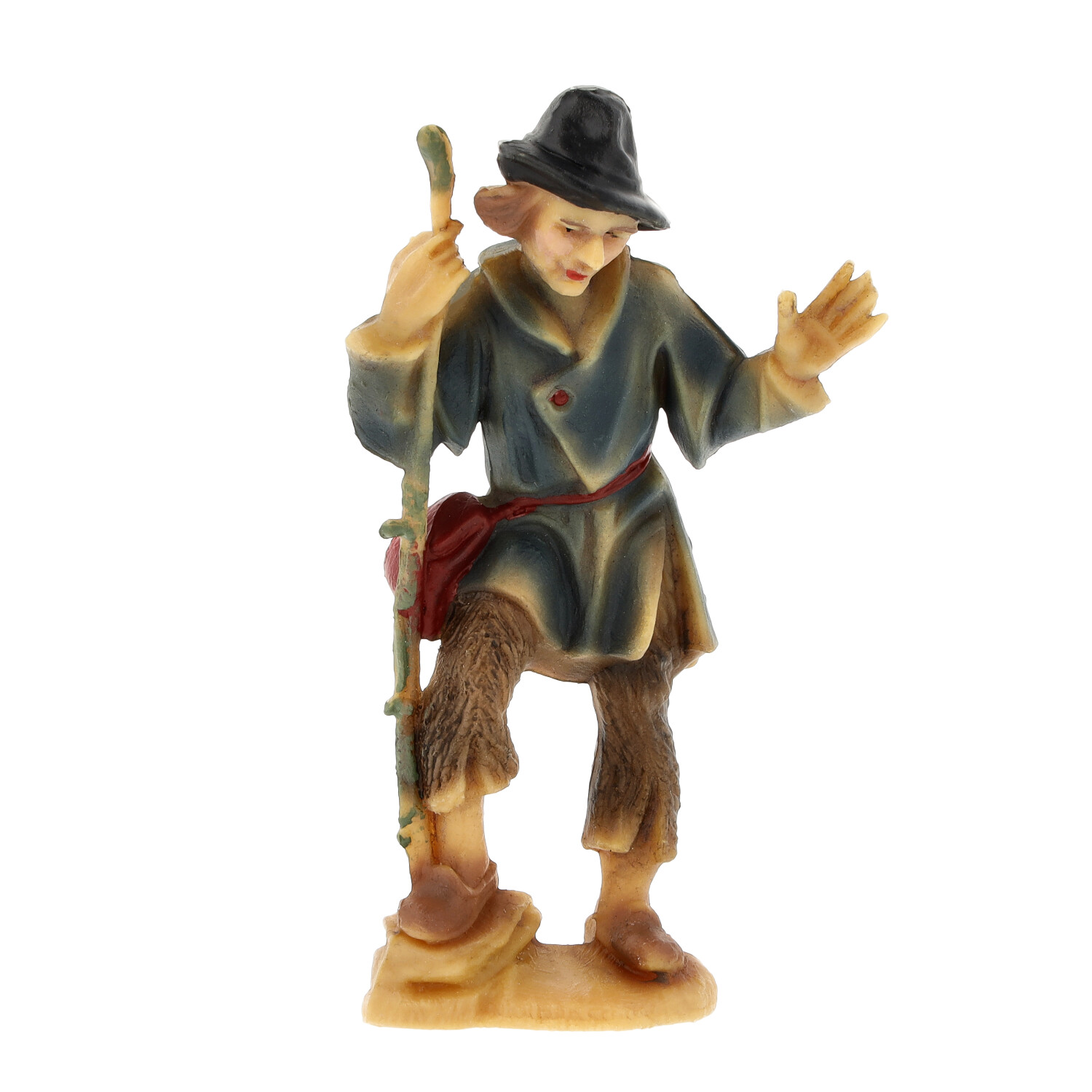 Hirtenfigur mit Wanderstab, bemalte Krippenfigur