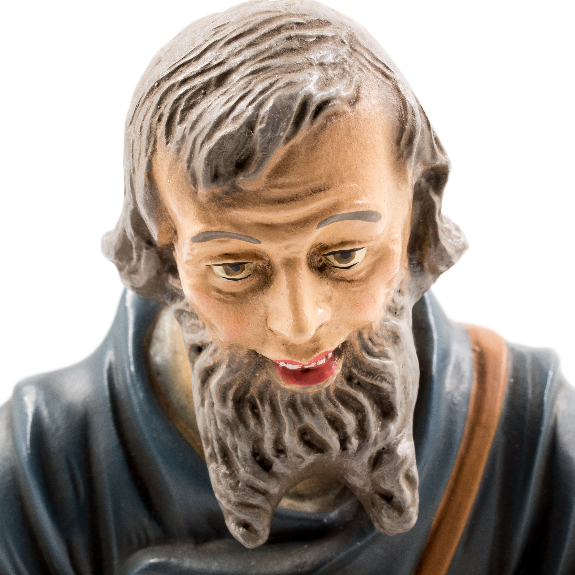 Detailfoto einer bärtigen Krippenfigur in Kutte