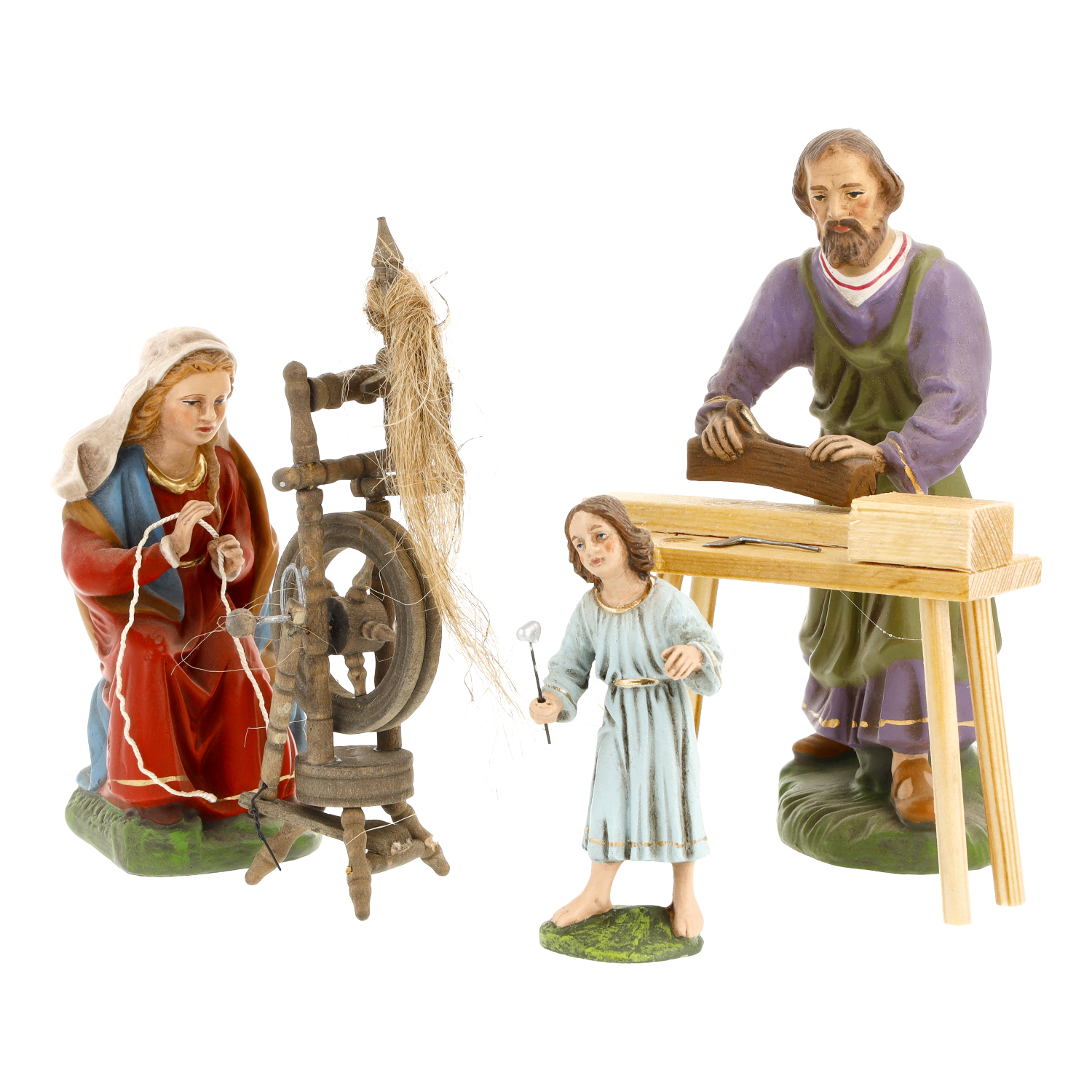 Krippenfiguren: Maria spinnt, Josef hobelt, Jesus hilft