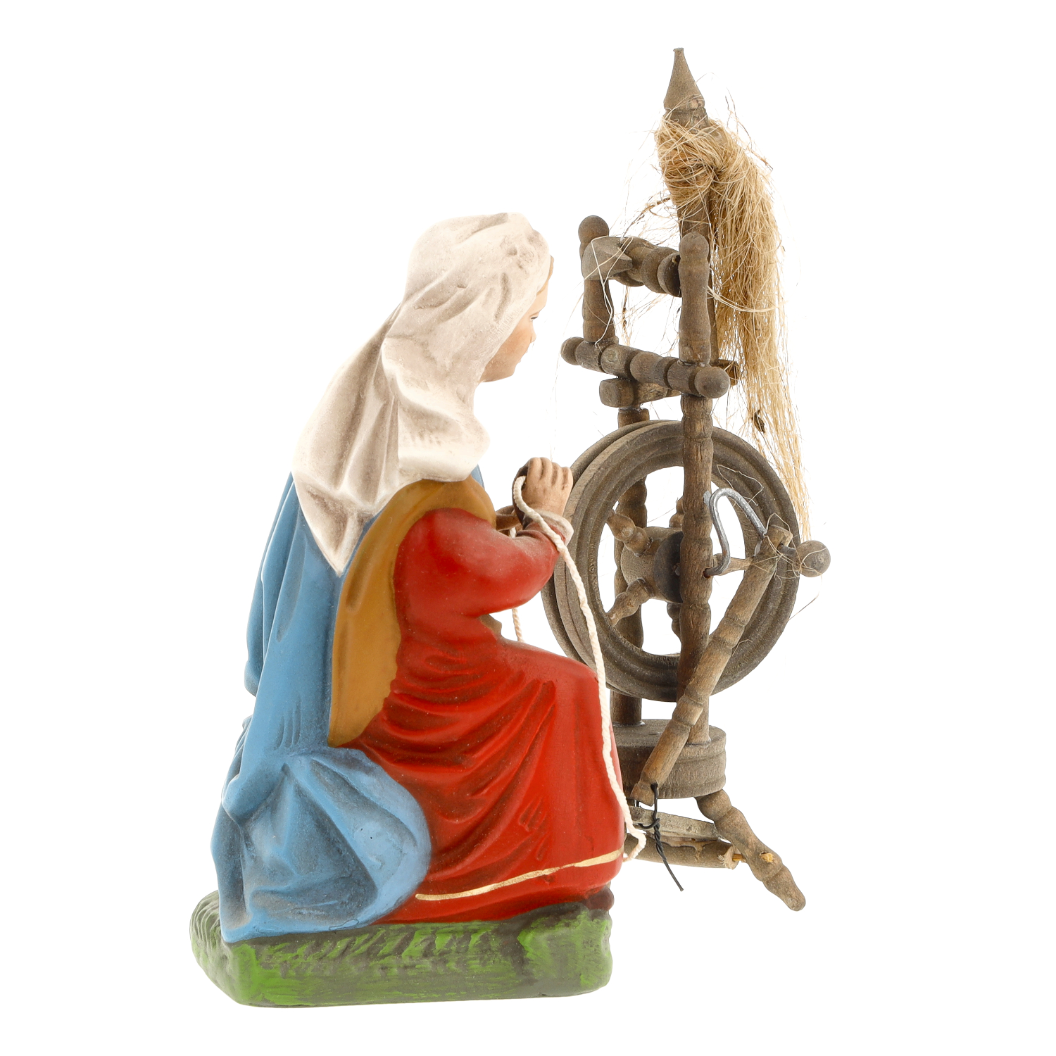 Handbemalte Krippenfigur: Spinnerin am Spinnrad
