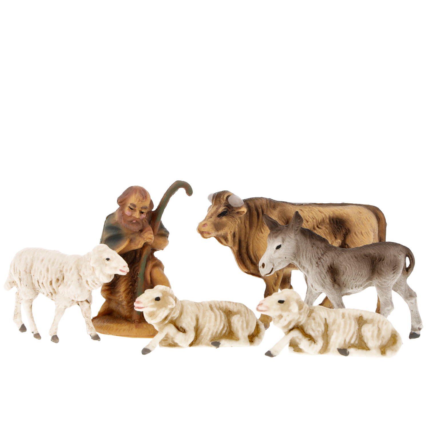 Krippen-Set mit Hirte, Ochse, Esel und drei Schafen