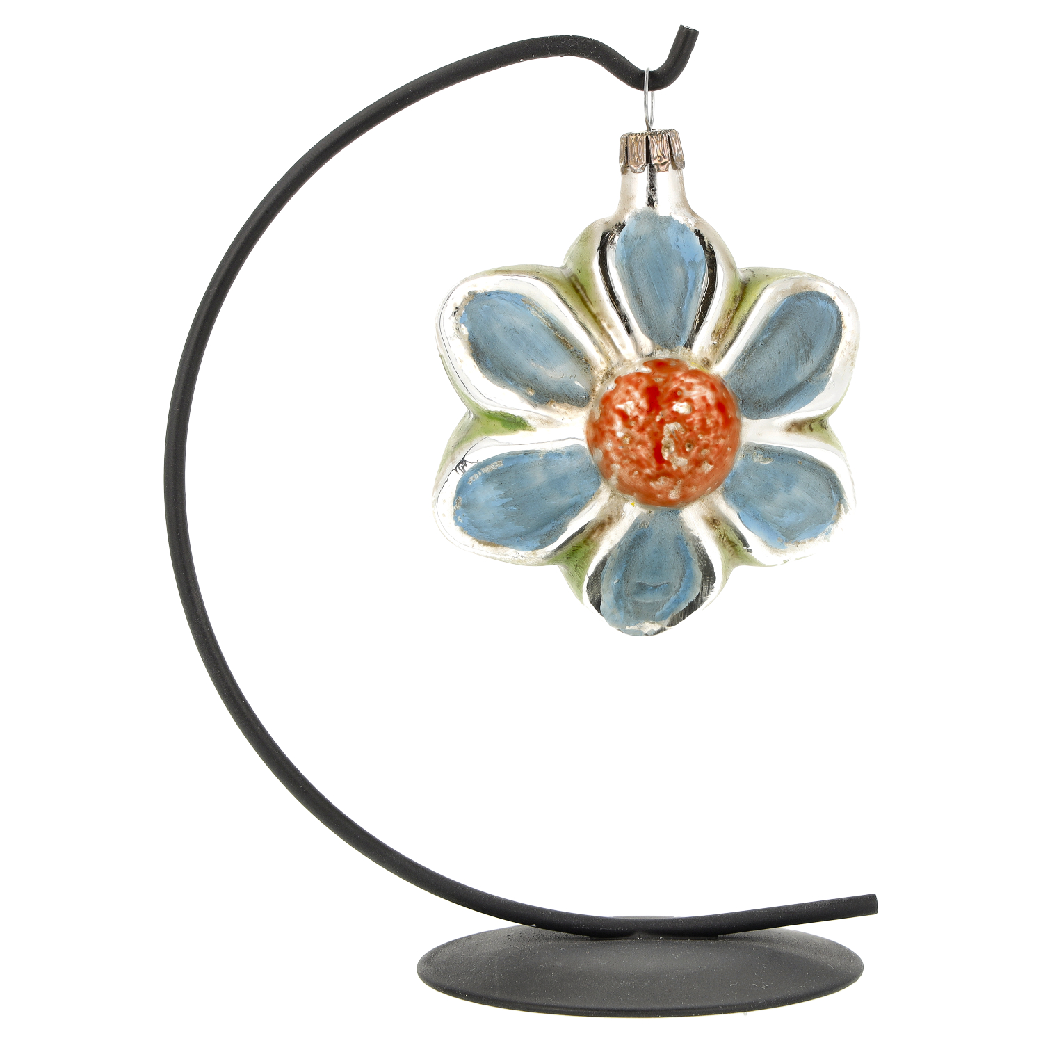 Glasanhänger Blume, blau mit oranger Mitte, handbemalt