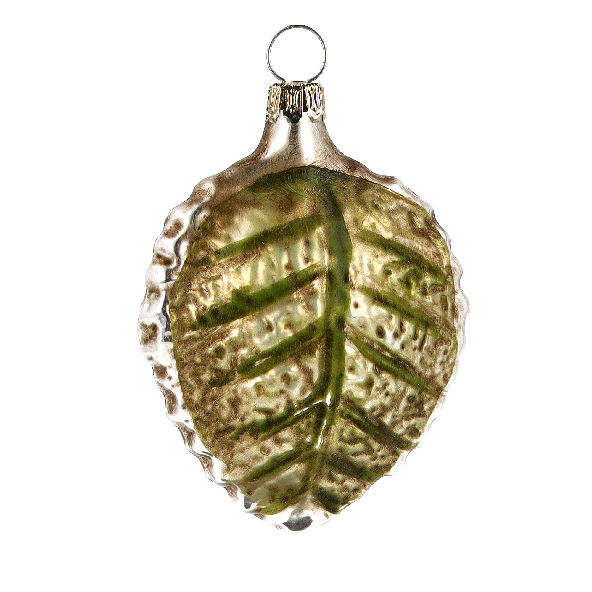 Weihnachtsbaumanhänger aus Glas in Blattform, grün-gold