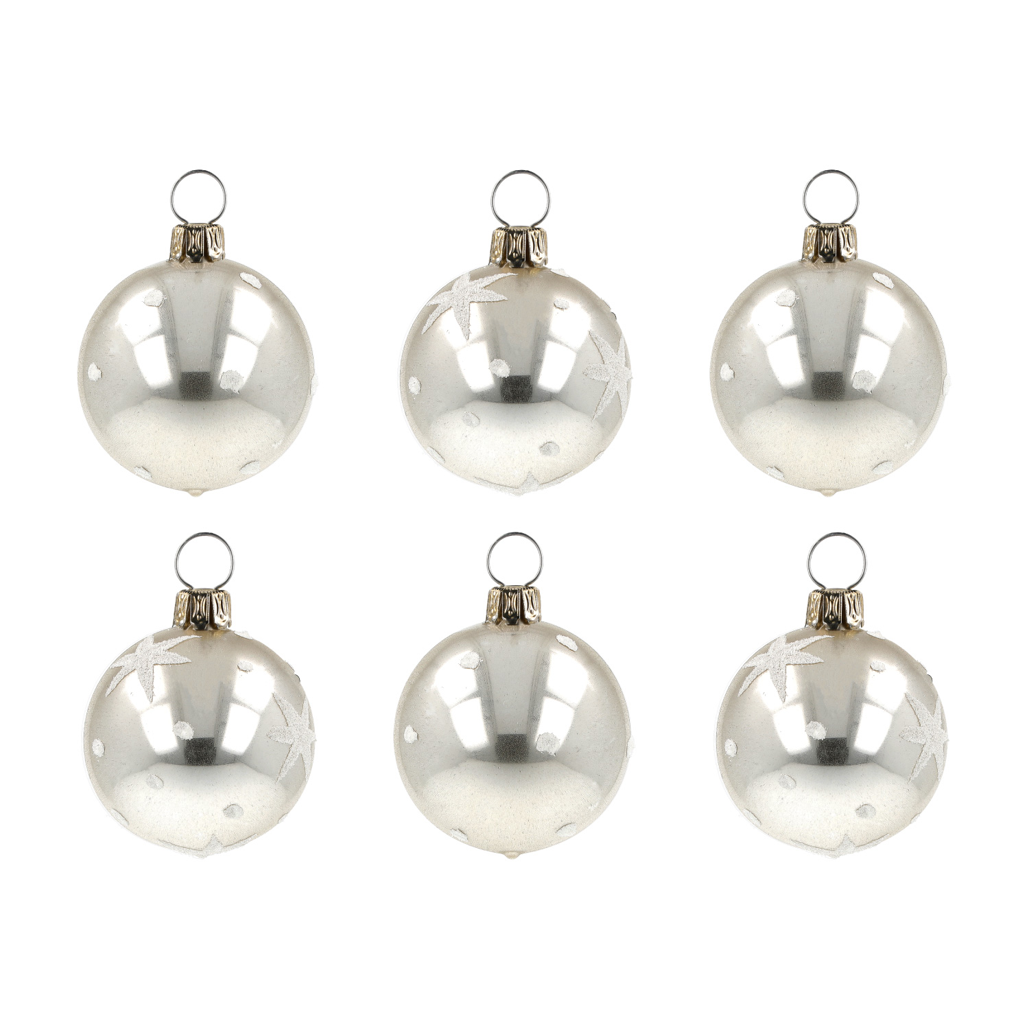 Set aus 6 silbernen Weihnachtskugeln, glänzend, mit Sternen