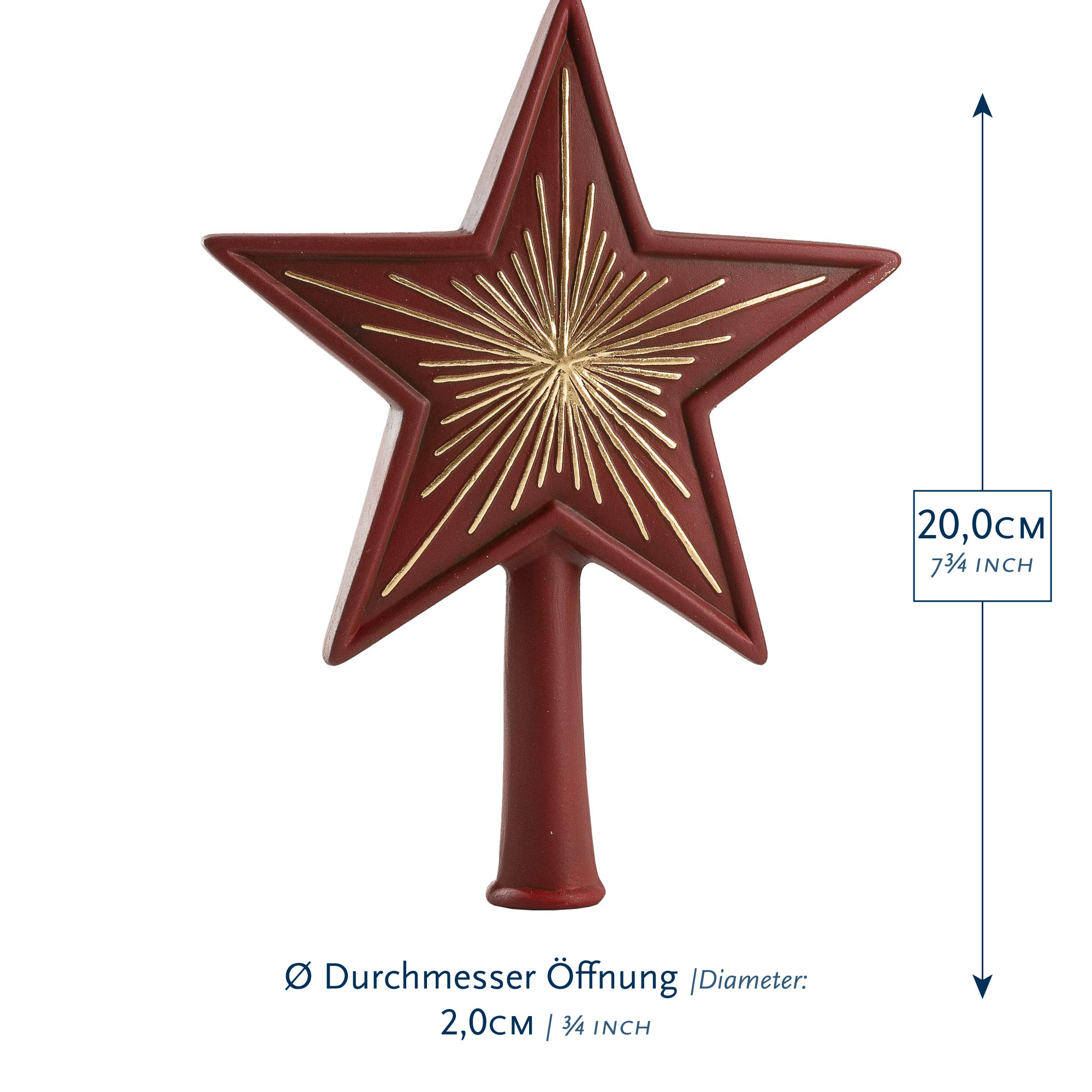 Rote Stern-Baumspitze mit Golddekor, 20 cm, Ø 2,0 cm