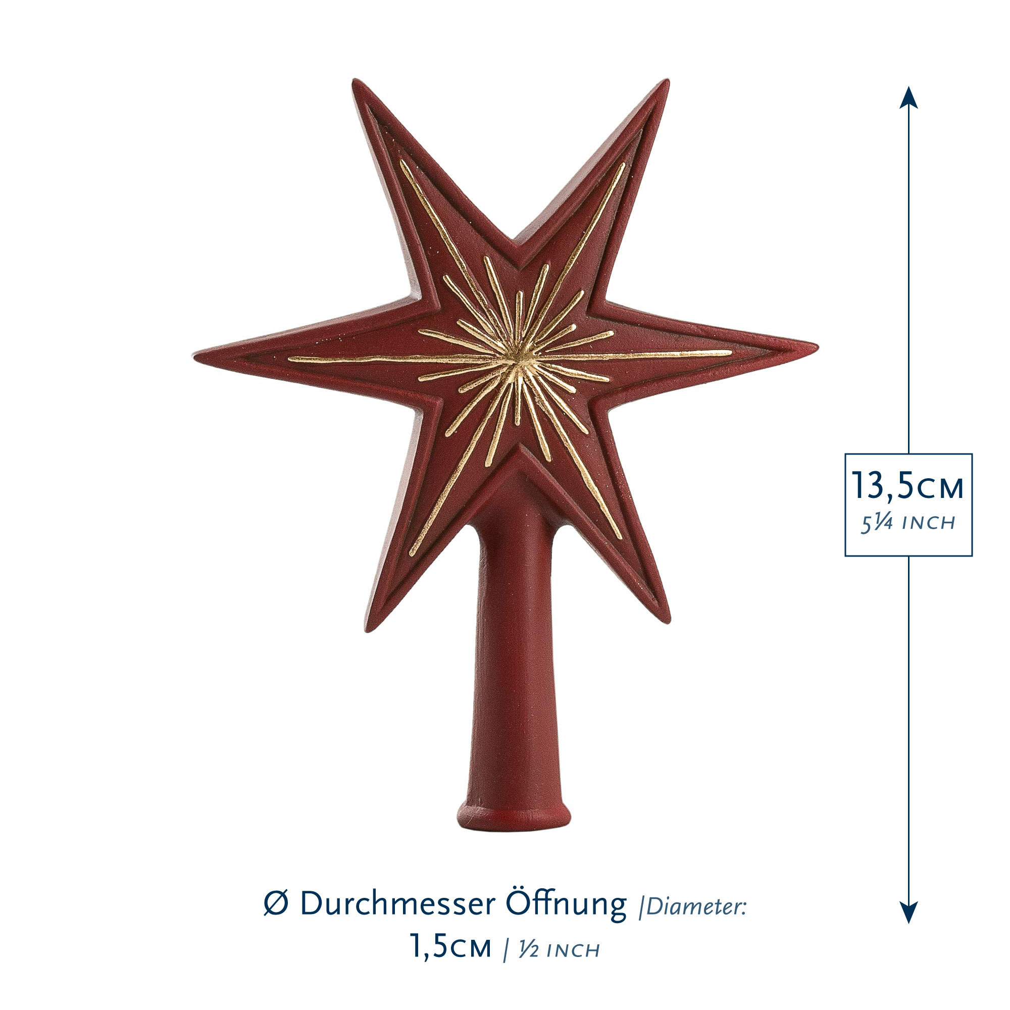 Rote Baumspitze Stern mit Golddekor, 13,5 cm, Ø 1,5 cm