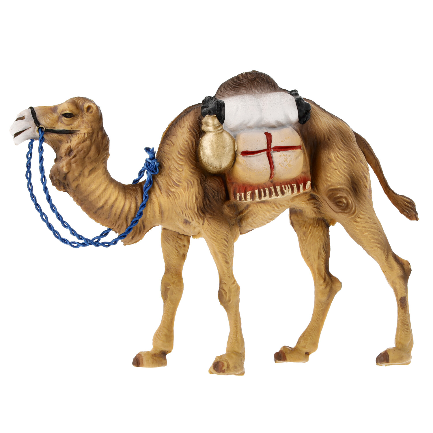 Kamelfigur mit Packsattel und blauem Zaumzeug, Seite