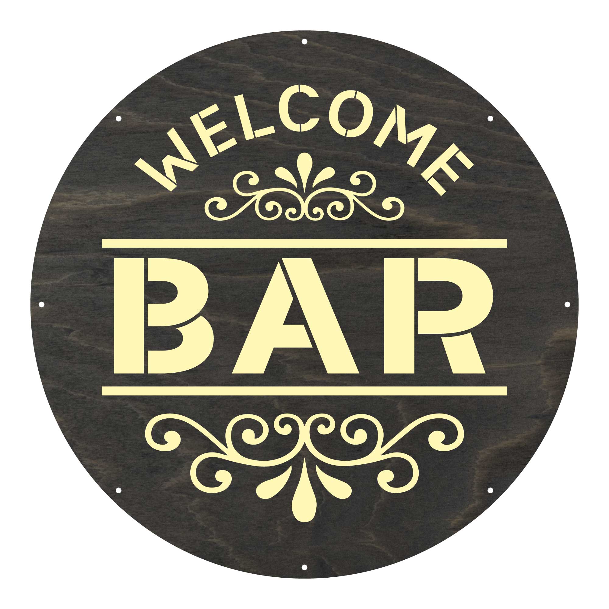 Rundes schwarzes Blechschild mit Schriftzug Welcome Bar