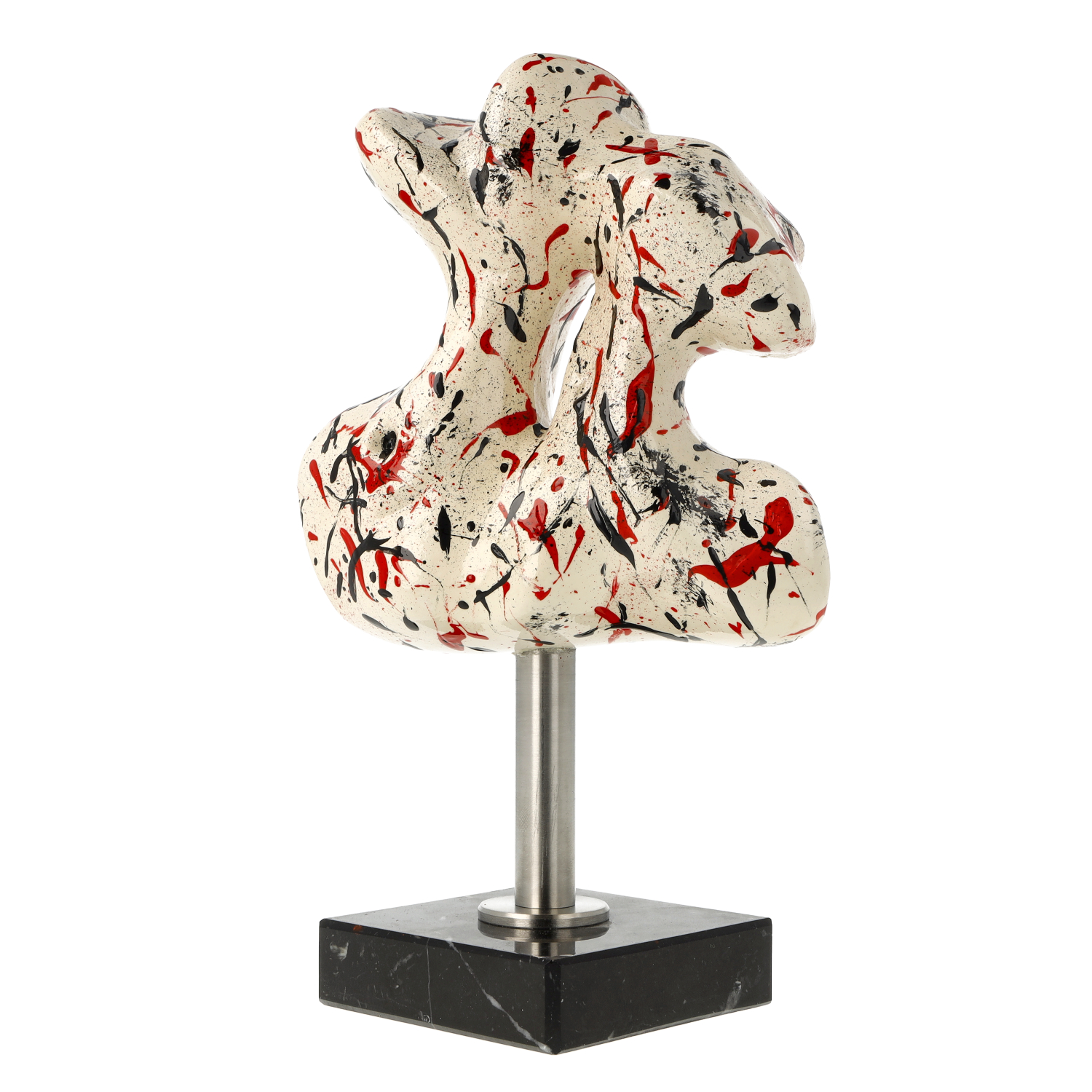 Abstrakte Skulptur, weiß mit Rot und Schwarz, mit Sockel