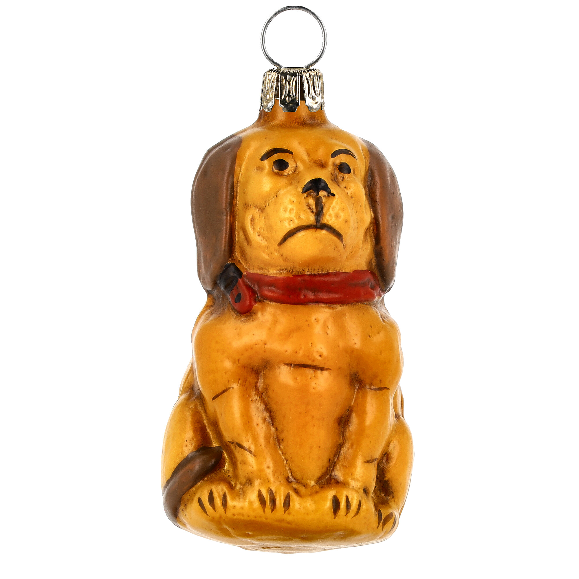 Glas-Hund als Christbaumschmuck, braun mit rotem Halsband