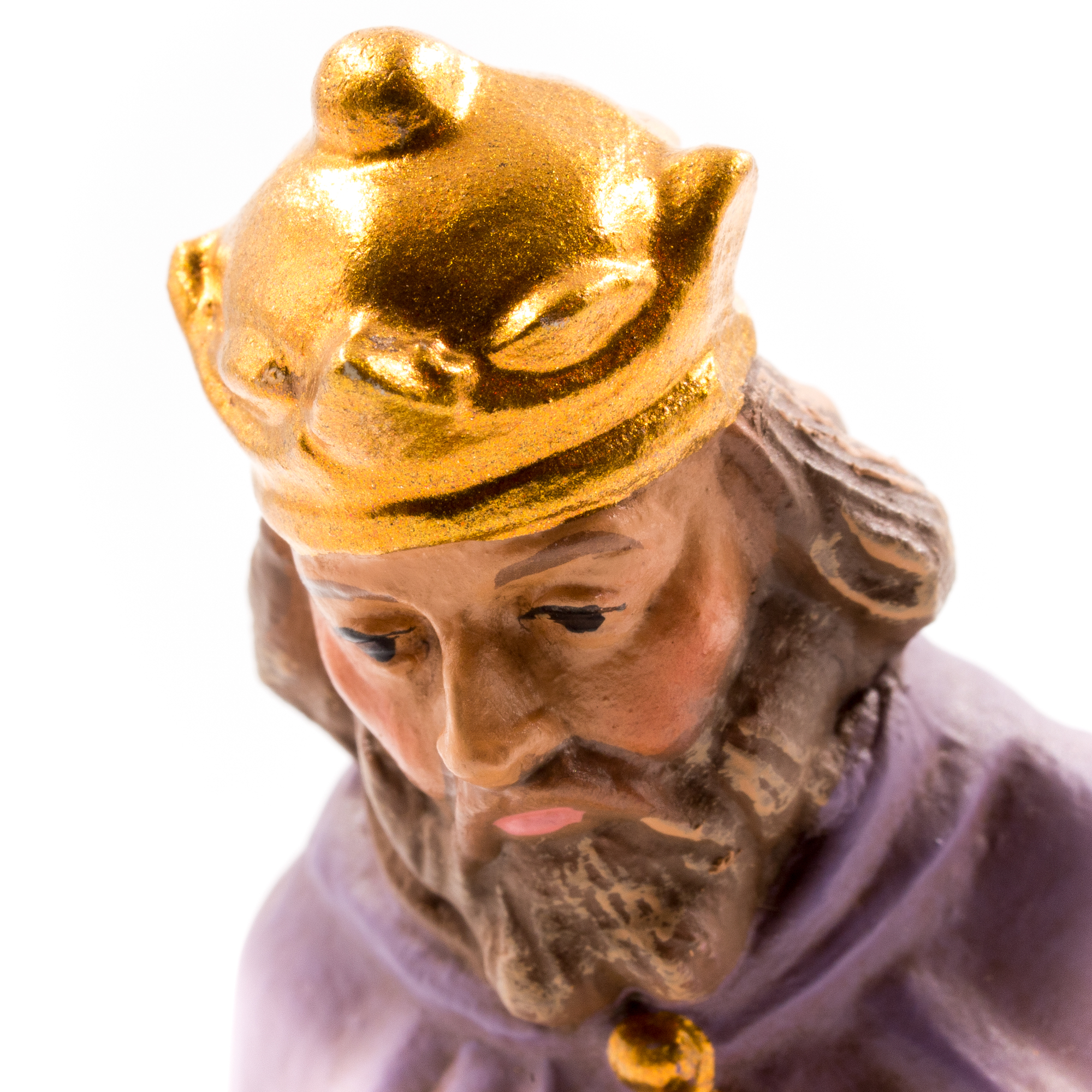 Krippenfigur König mit goldener Krone, lila Gewand