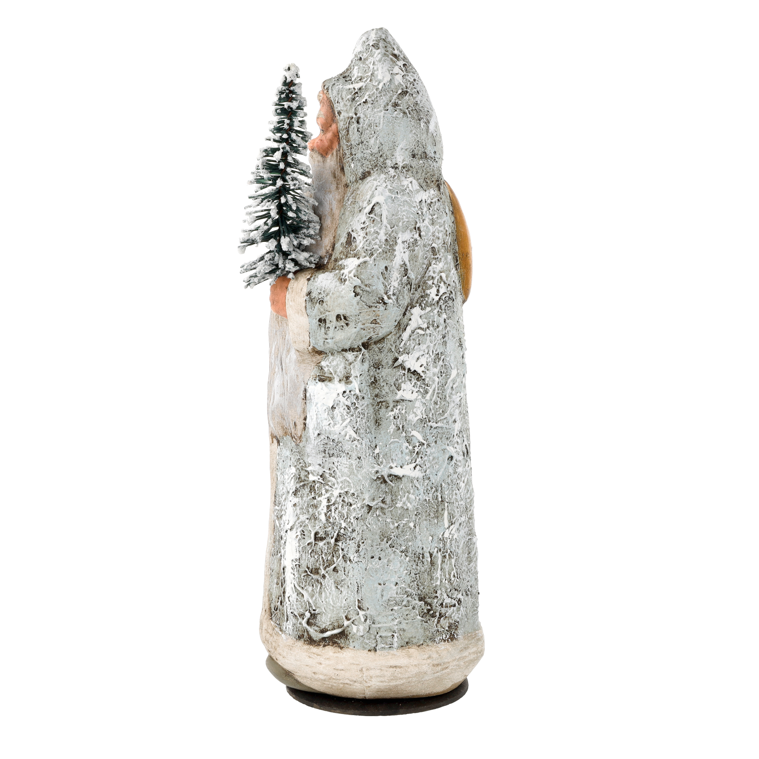 Dekofigur Nikolaus im Mantel, hält schneebedeckte Tanne