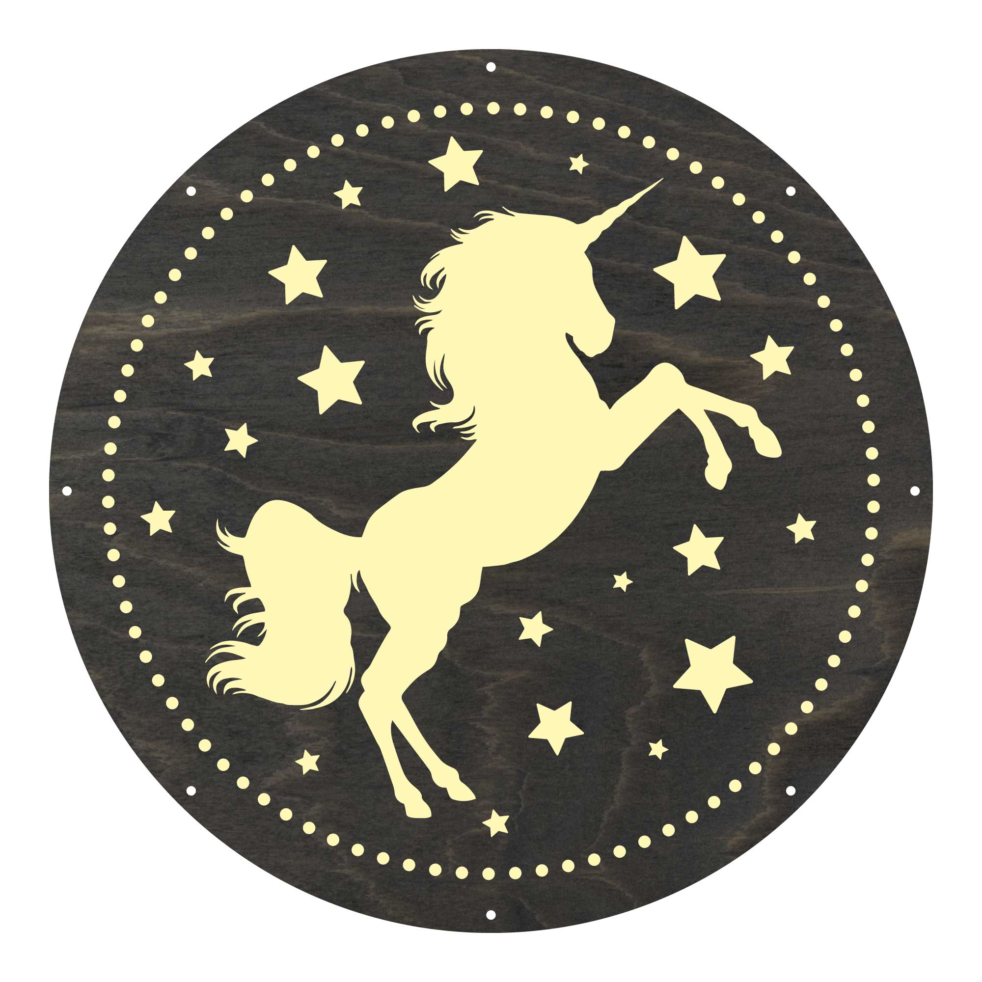 Ein Einhorn auf einem runden Holzschild umgeben von Sternen