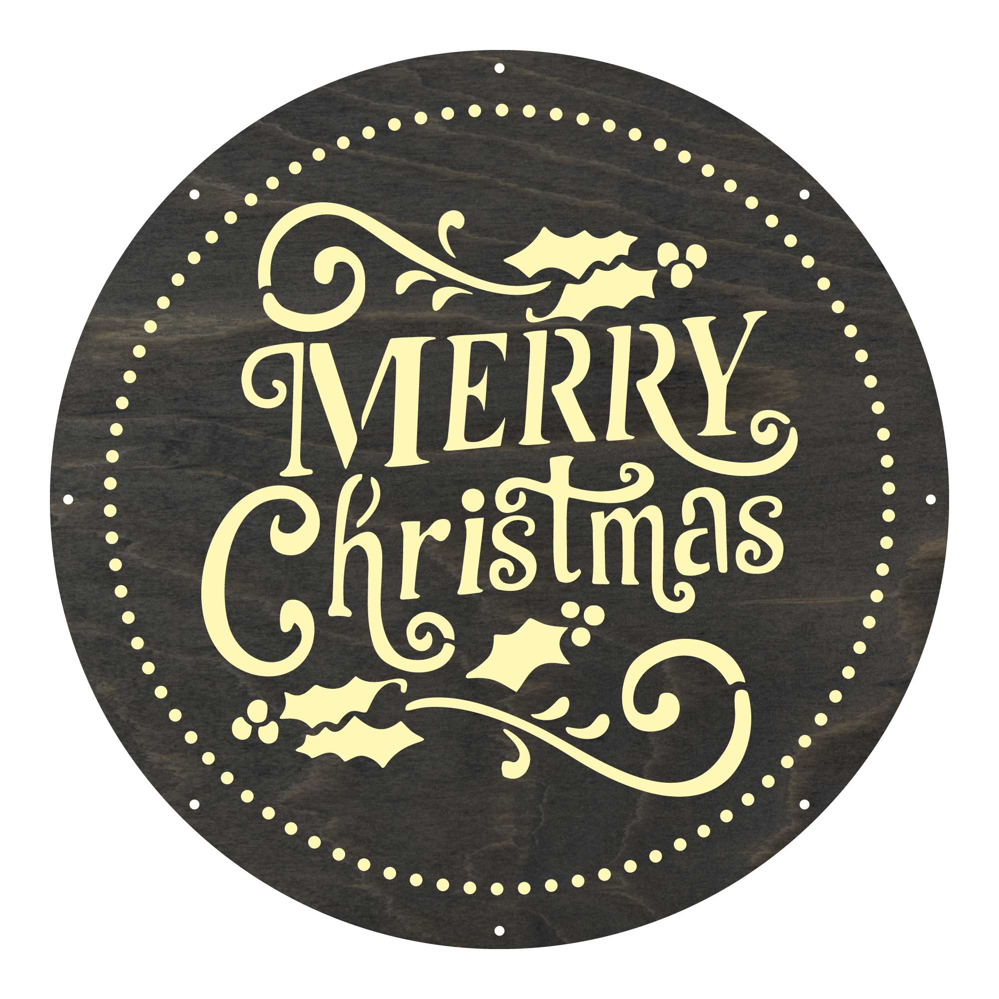 Dunkles rundes Schild mit Merry Christmas Text und Zierornam