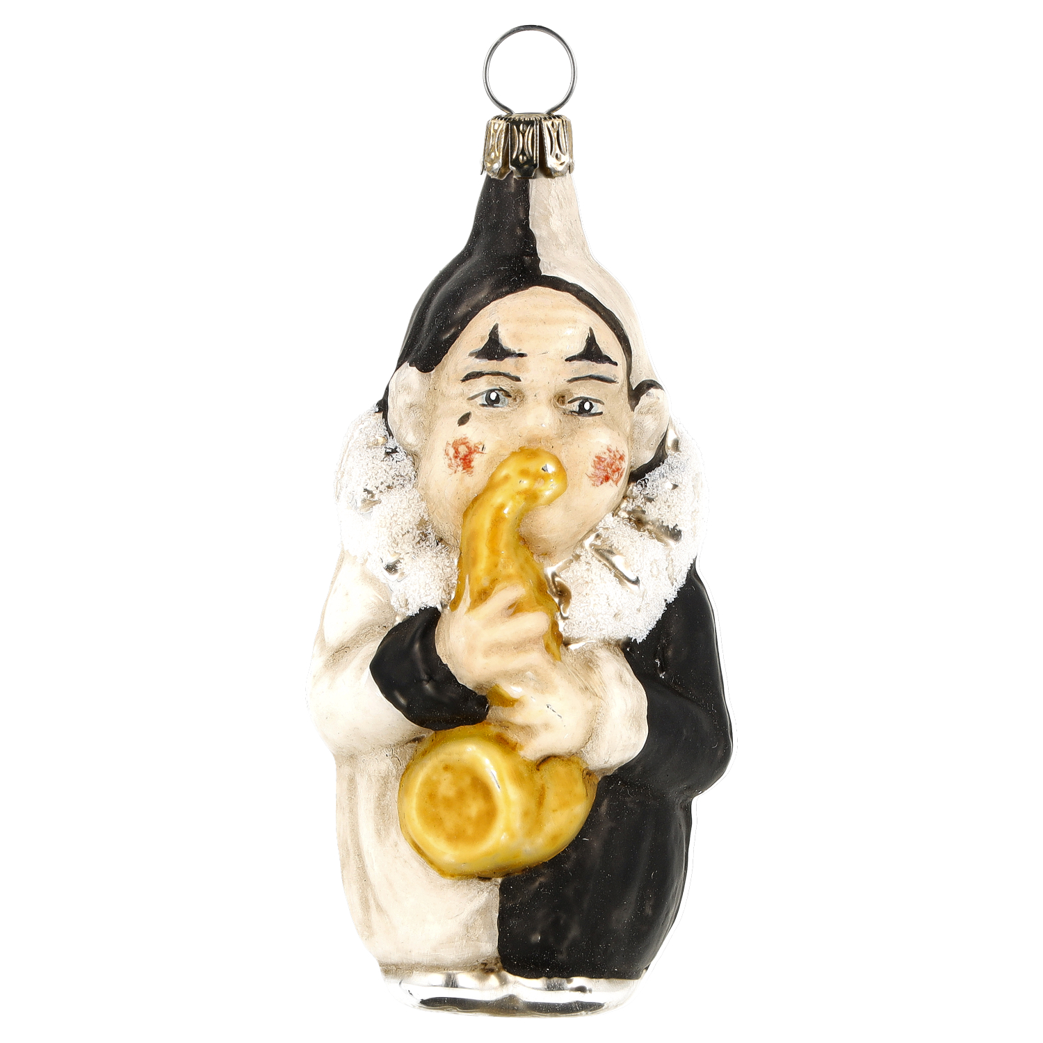 Christbaumschmuck: Harlekin mit goldenem Saxofon aus Glas