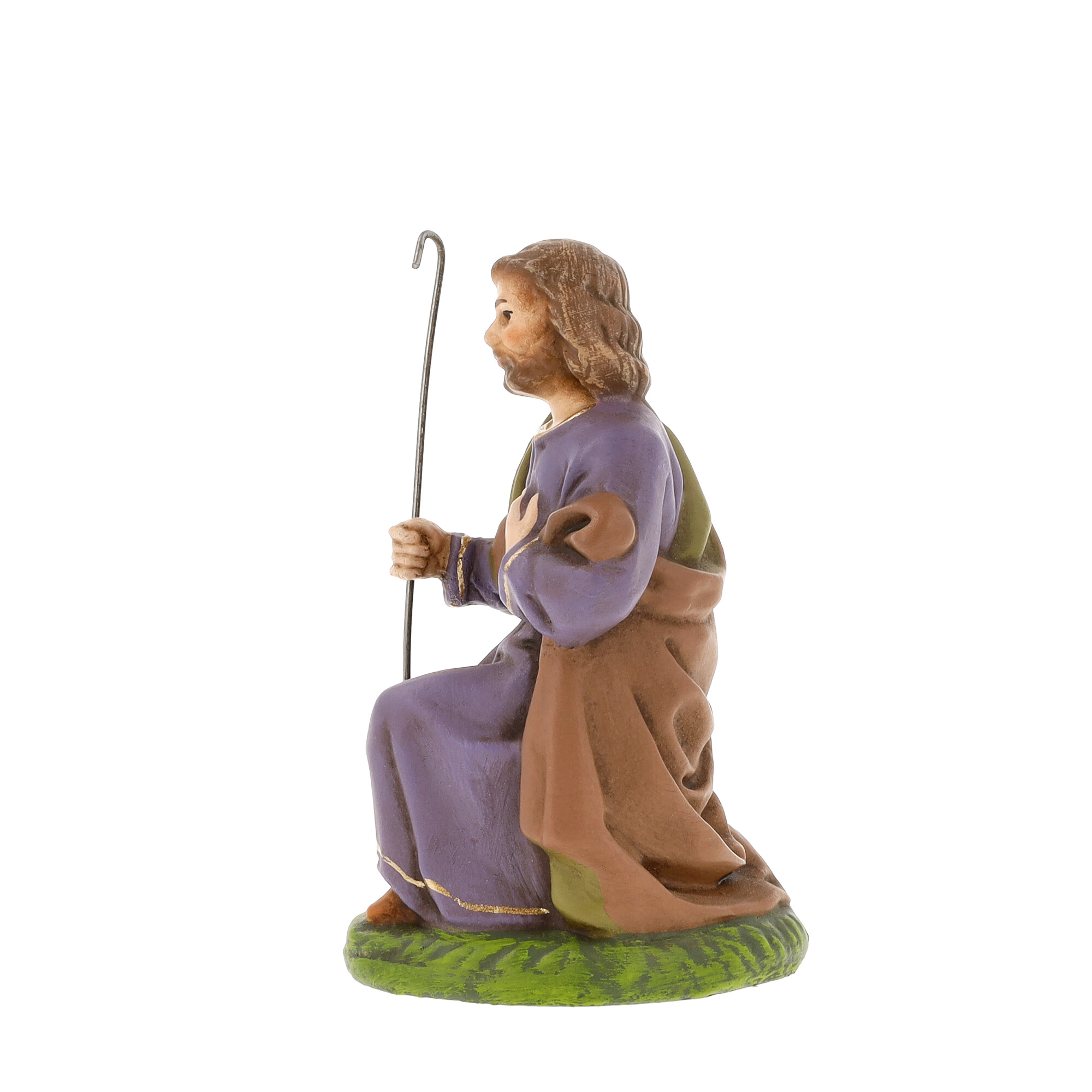 Kniender Hirte mit Stab als Krippenfigur, lila Mantel