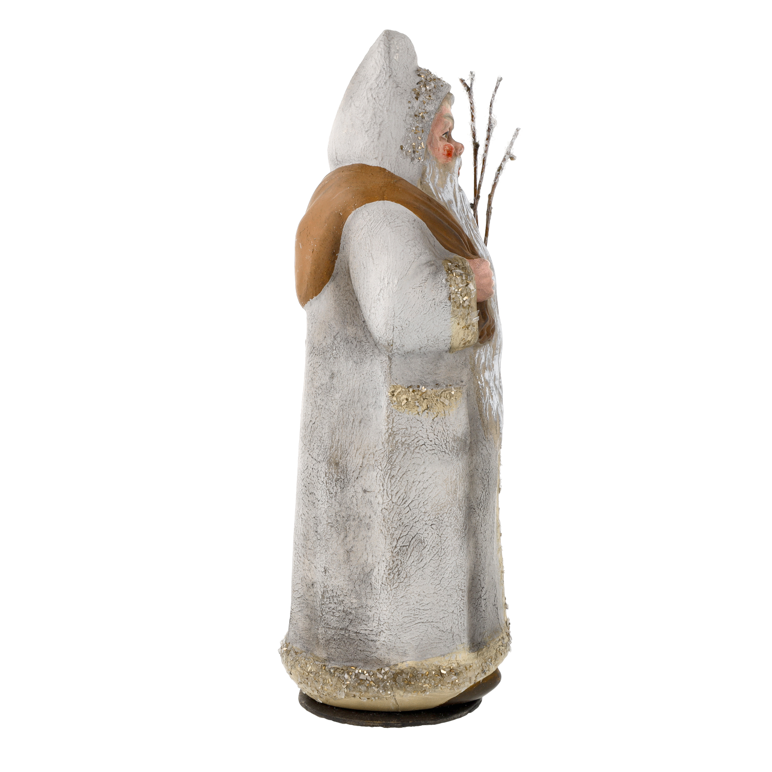 Weihnachtsmann-Dekofigur in Weiß mit Kapuze und Zweigen