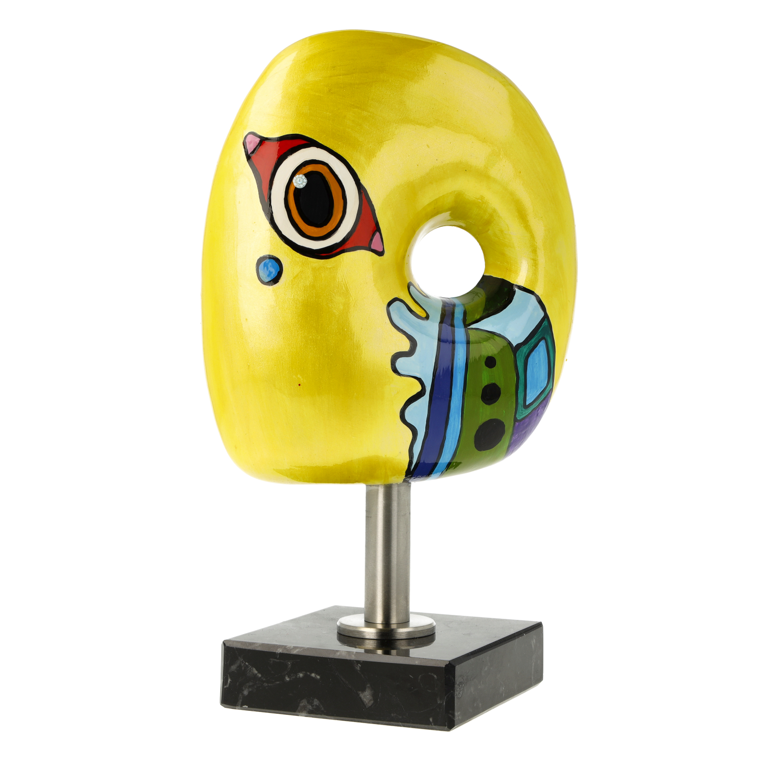 Gelbe abstrakte Skulptur mit Fischmotiv auf Sockel