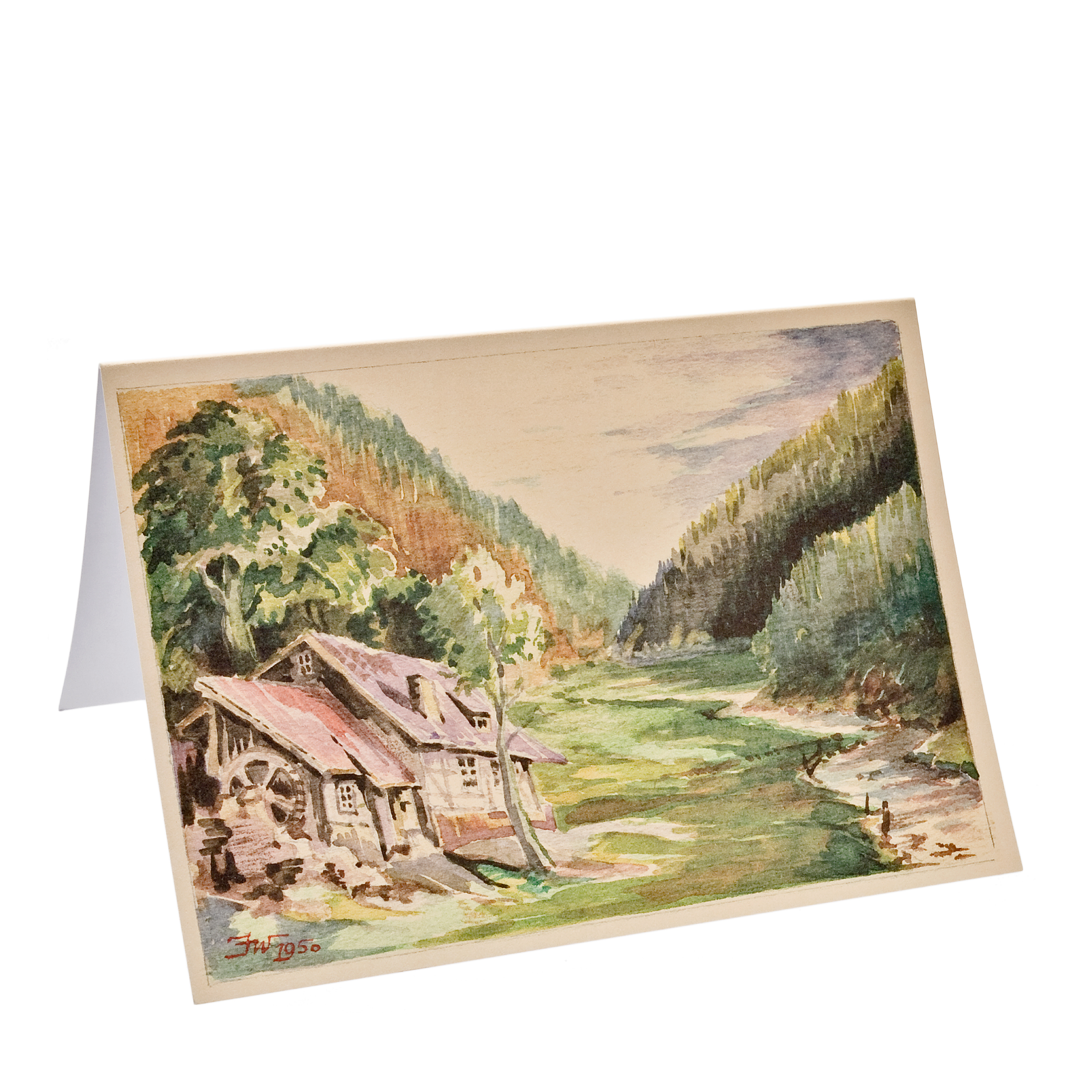 Grußkarte mit Landschaft: Wassermühle, Wald und Bach