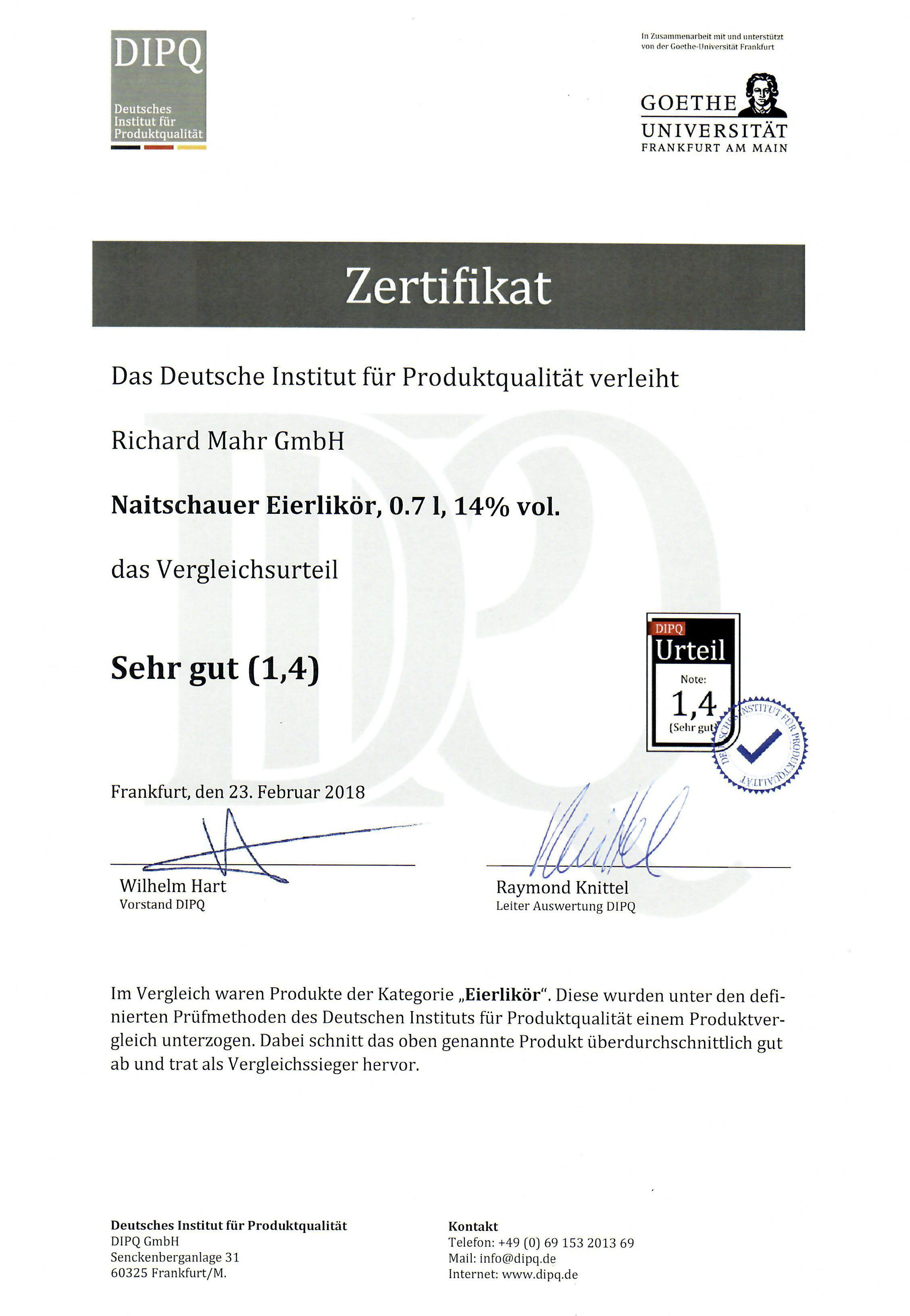 DIPQ-Urteil 1,4 für Naitschauer Eierlikör 0,7 l, 14% vol