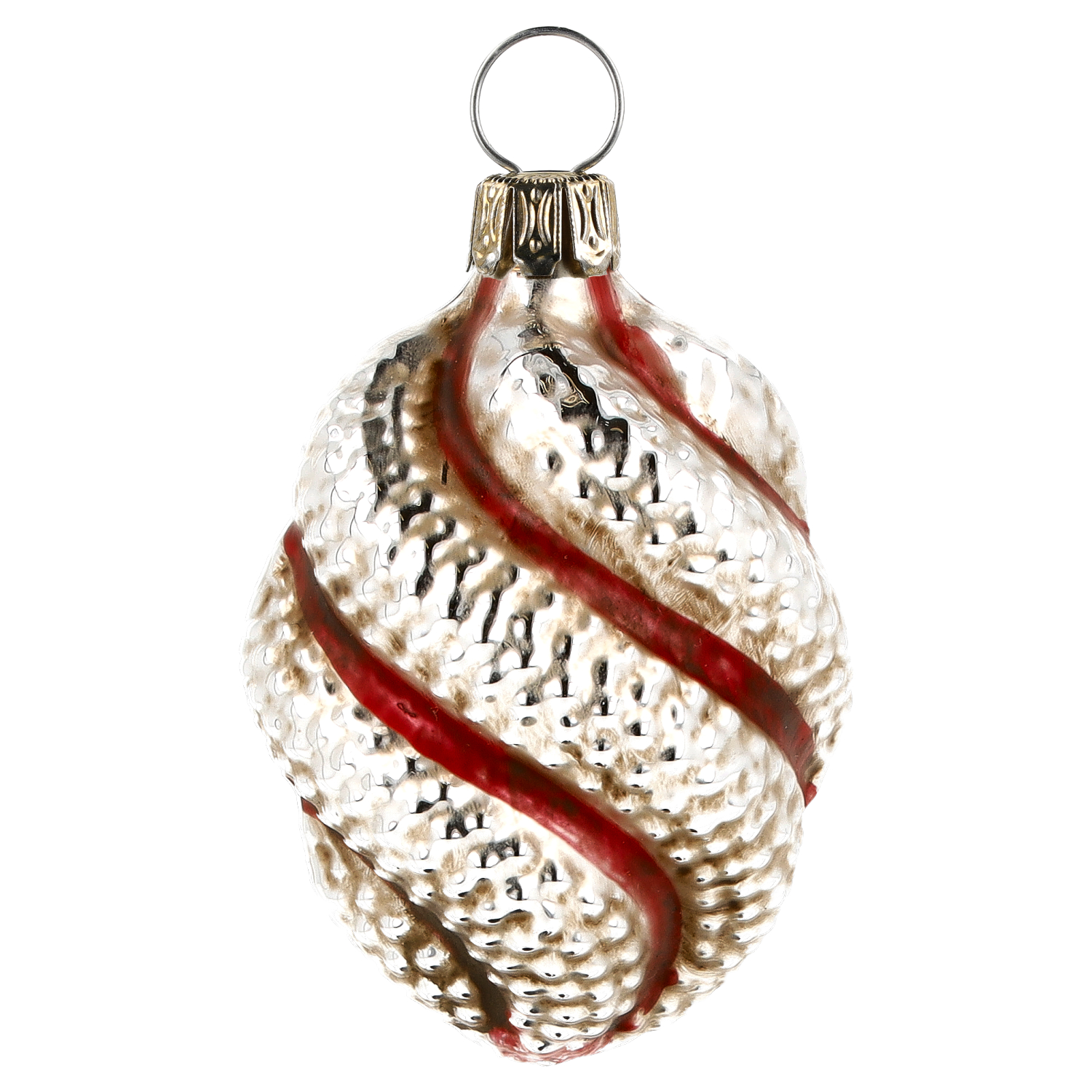 Vintage Glas-Christbaumkugel, silber mit roter Spirale