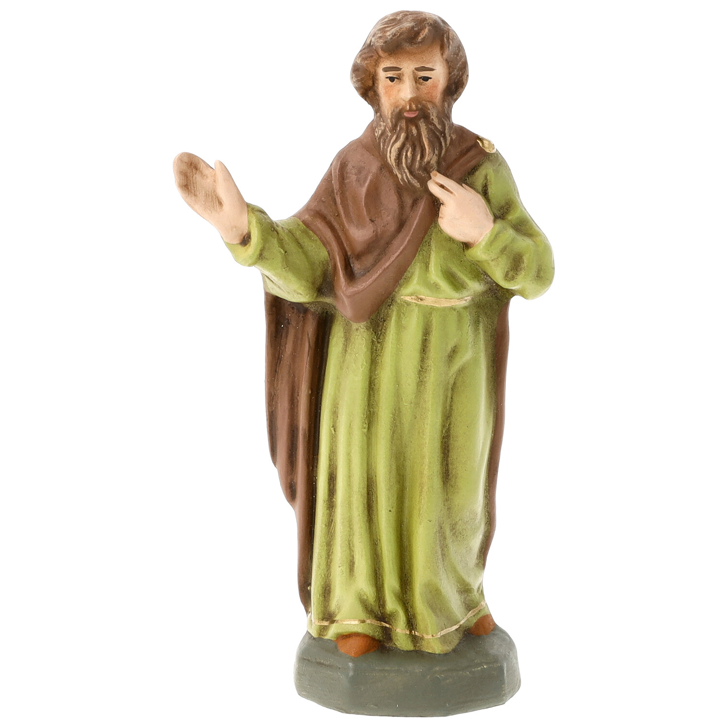 Hirte als Krippenfigur, grüne Robe, brauner Umhang
