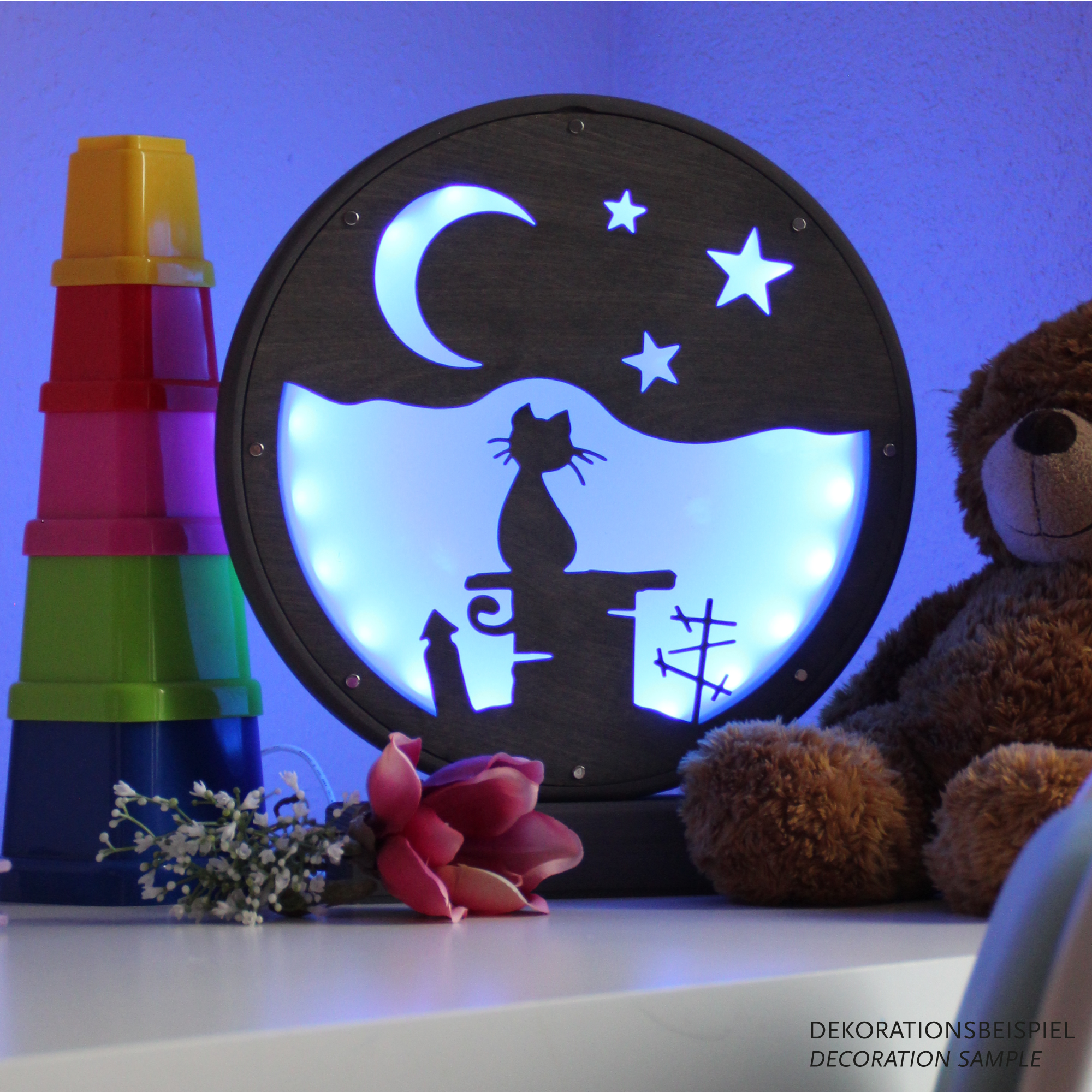 Rundes LED Nachtlicht mit Katzenmotiv und Sternen