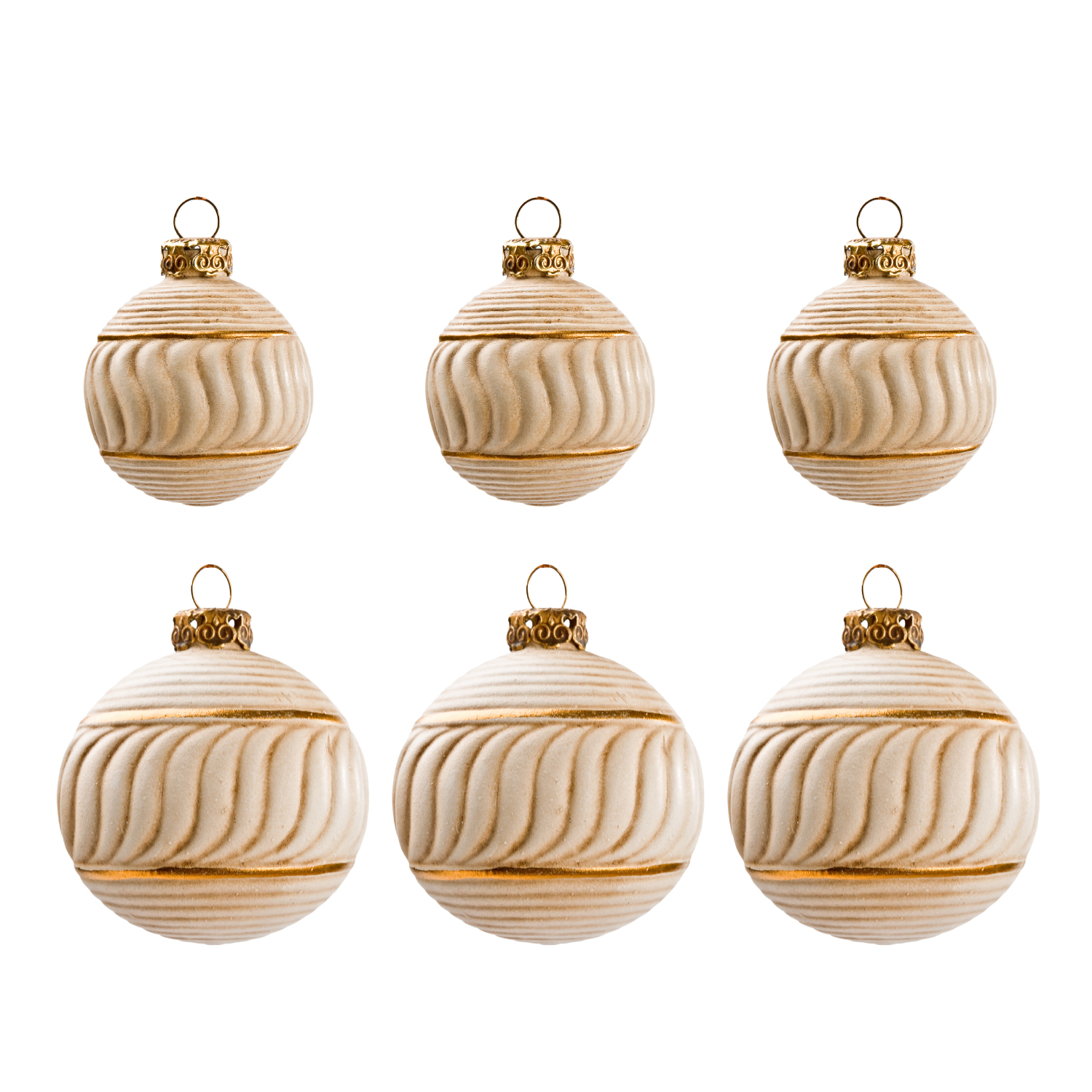 6 Weihnachtskugeln creme-gold mit Wellenrelief