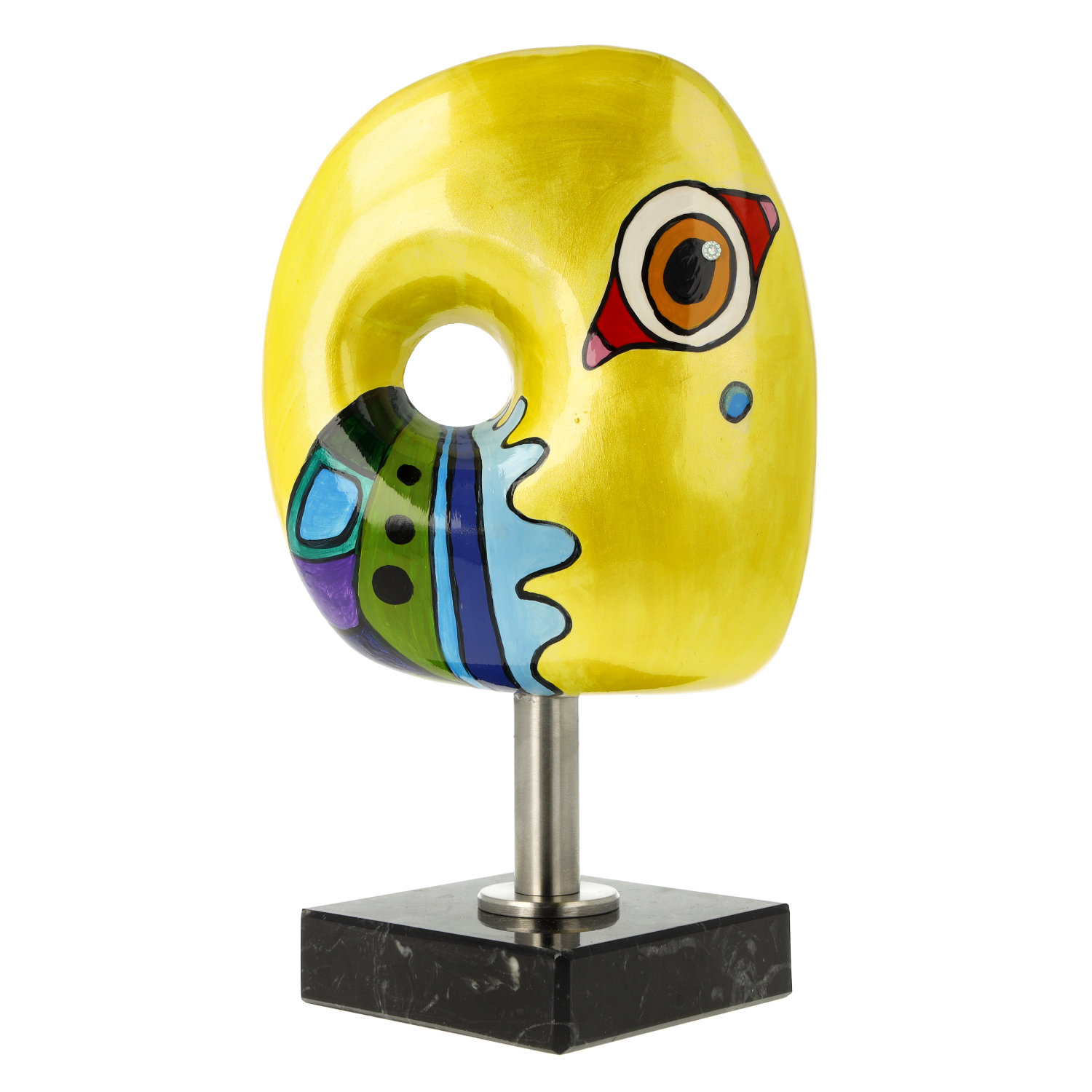 Bunte moderne Skulptur, gelb, abstrakt, auf schwarzem Sockel
