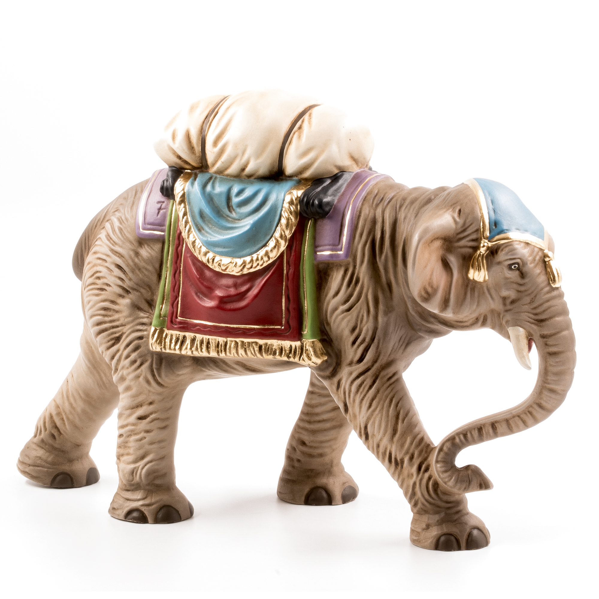 Elefantenfigur mit Satteldecke und Gepäck, Deko