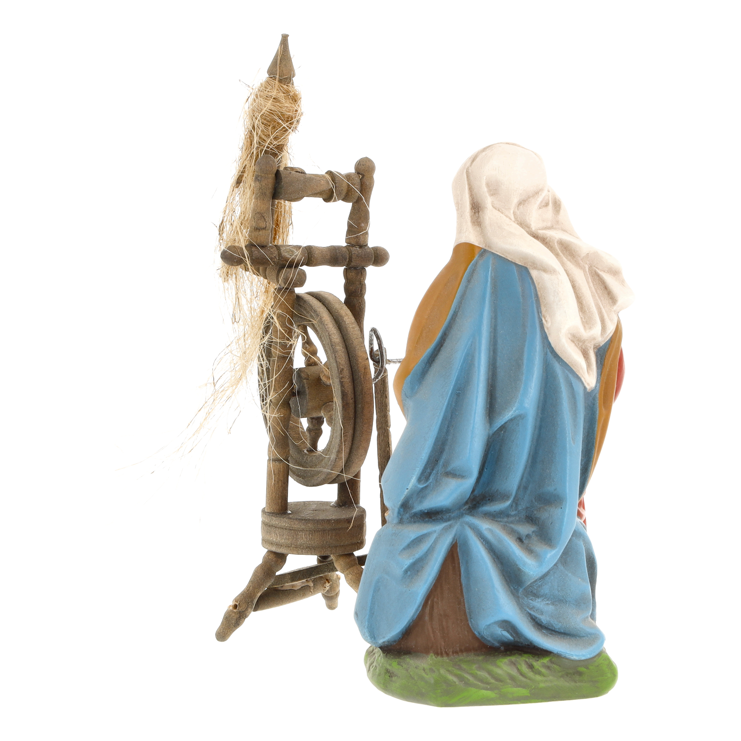 Handbemalte Krippenfigur: Spinnerin mit Spinnrad