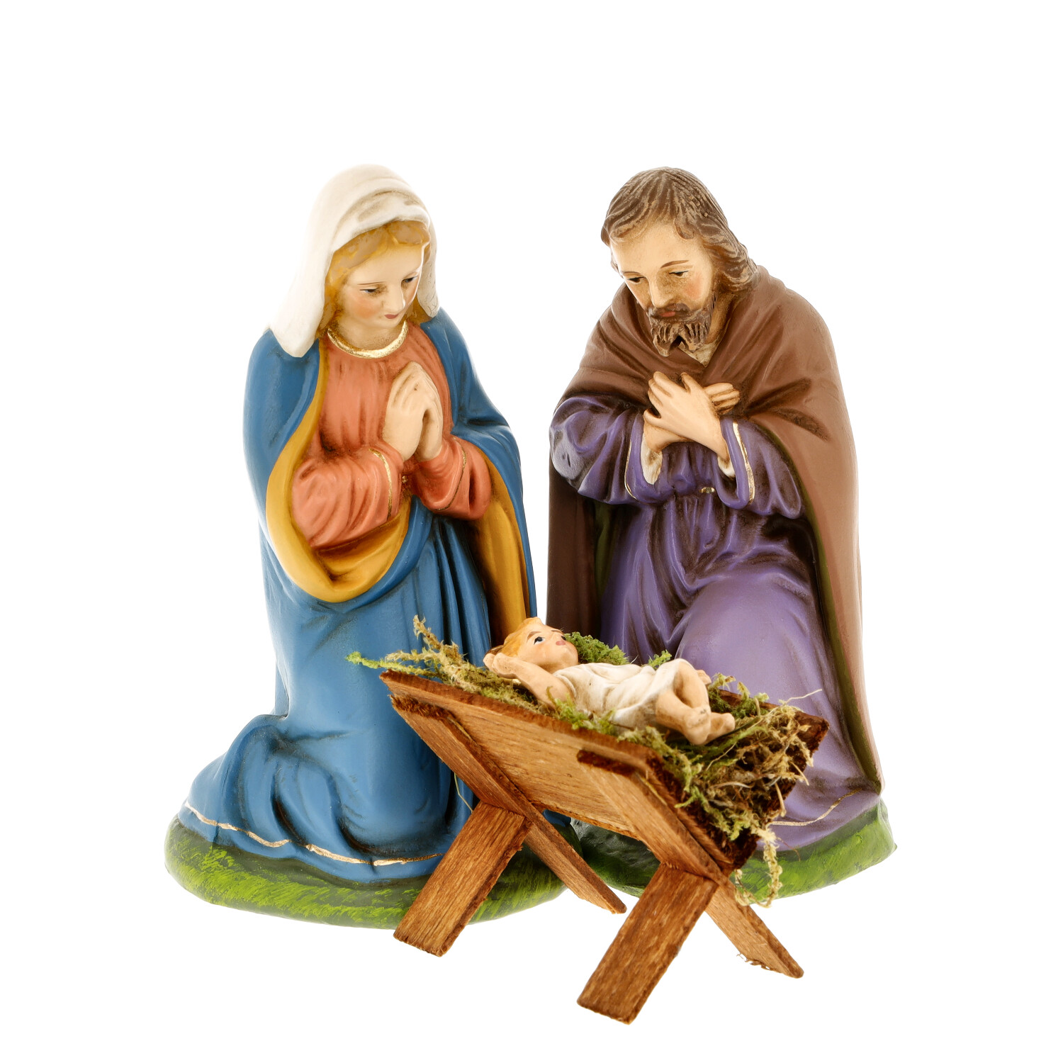 Weihnachtskrippe: Heilige Familie mit Baby in Krippe