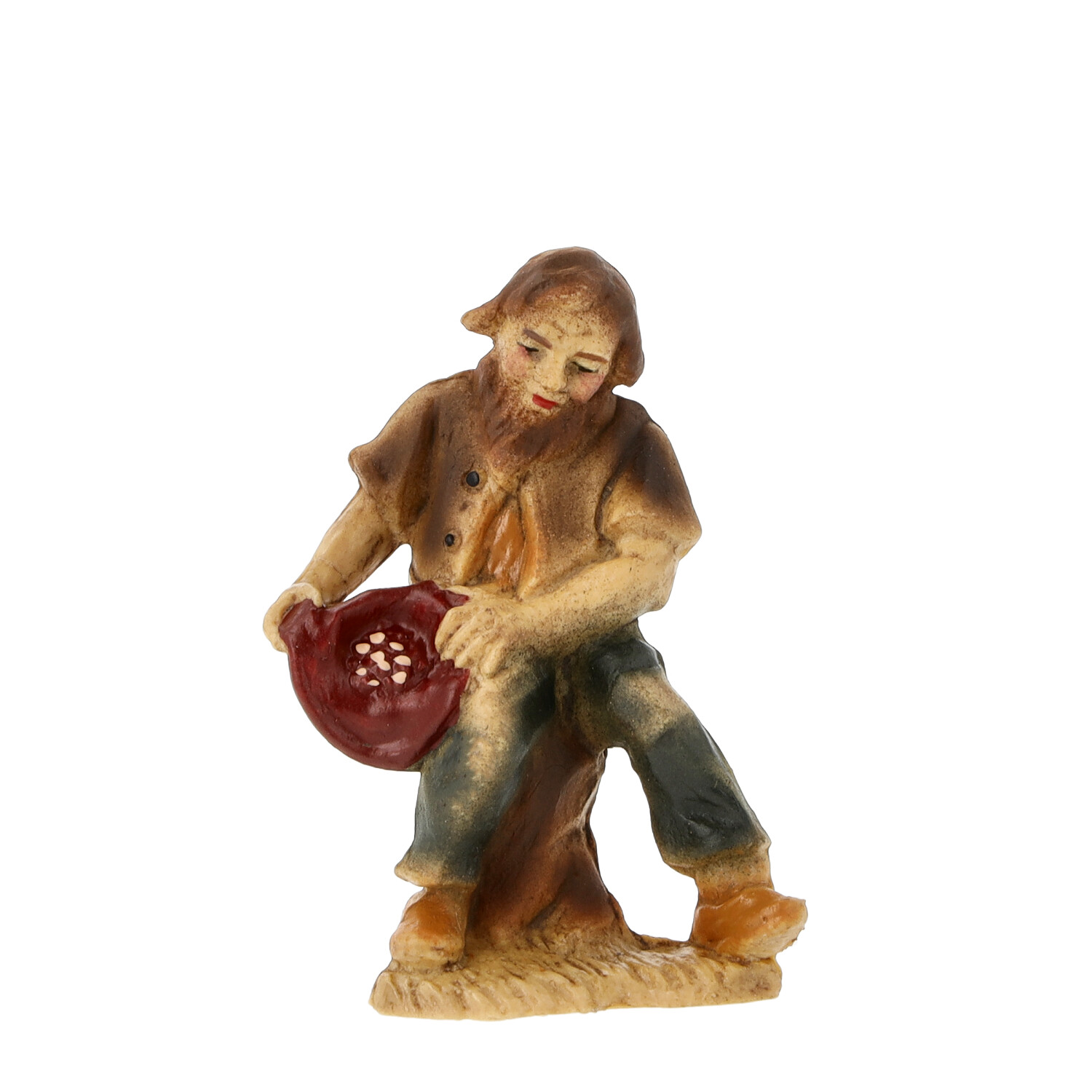Sitzender Bauer mit roter Schale, Krippenfigur