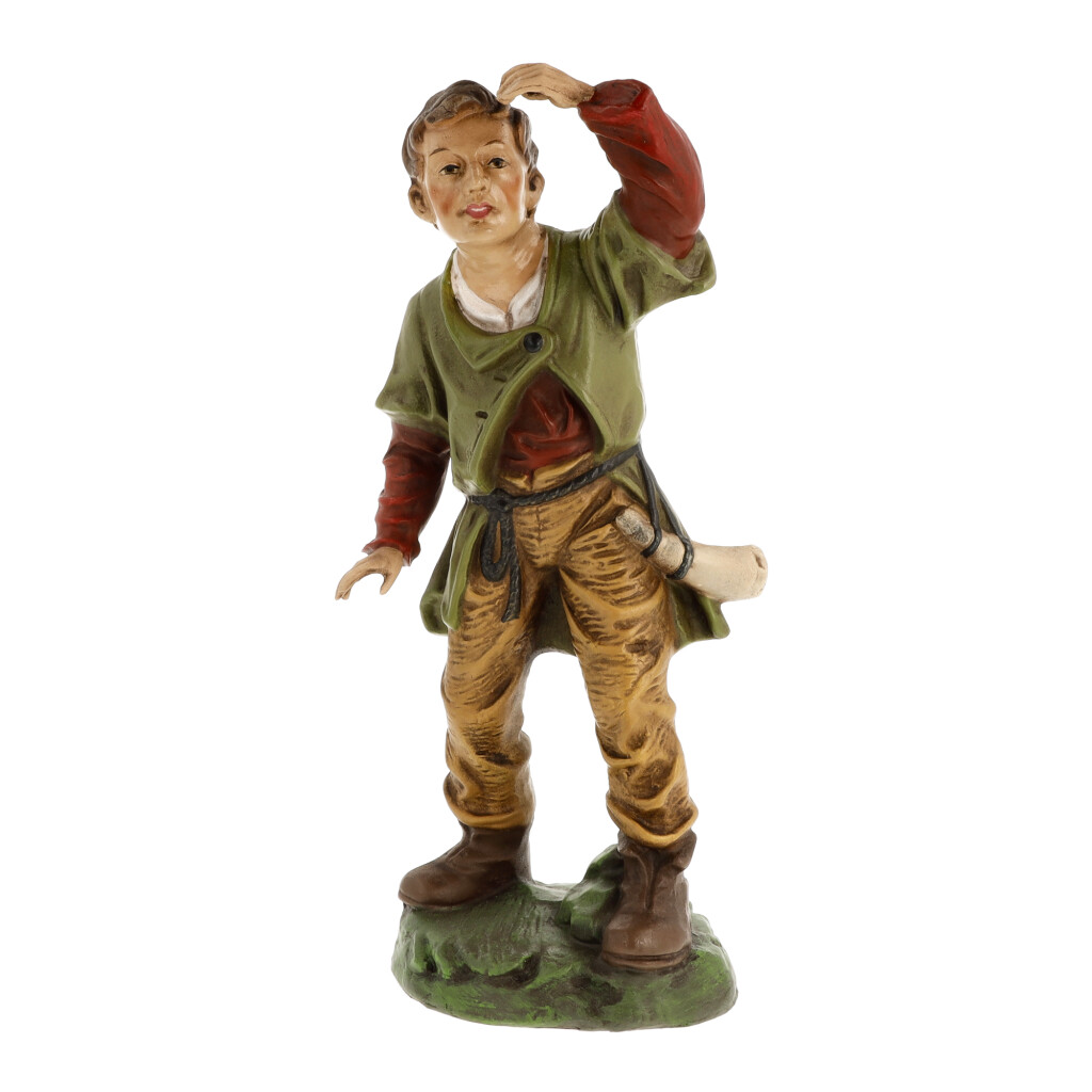 Handbemalte Figur Hirtenjunge mit Horn auf Sockel