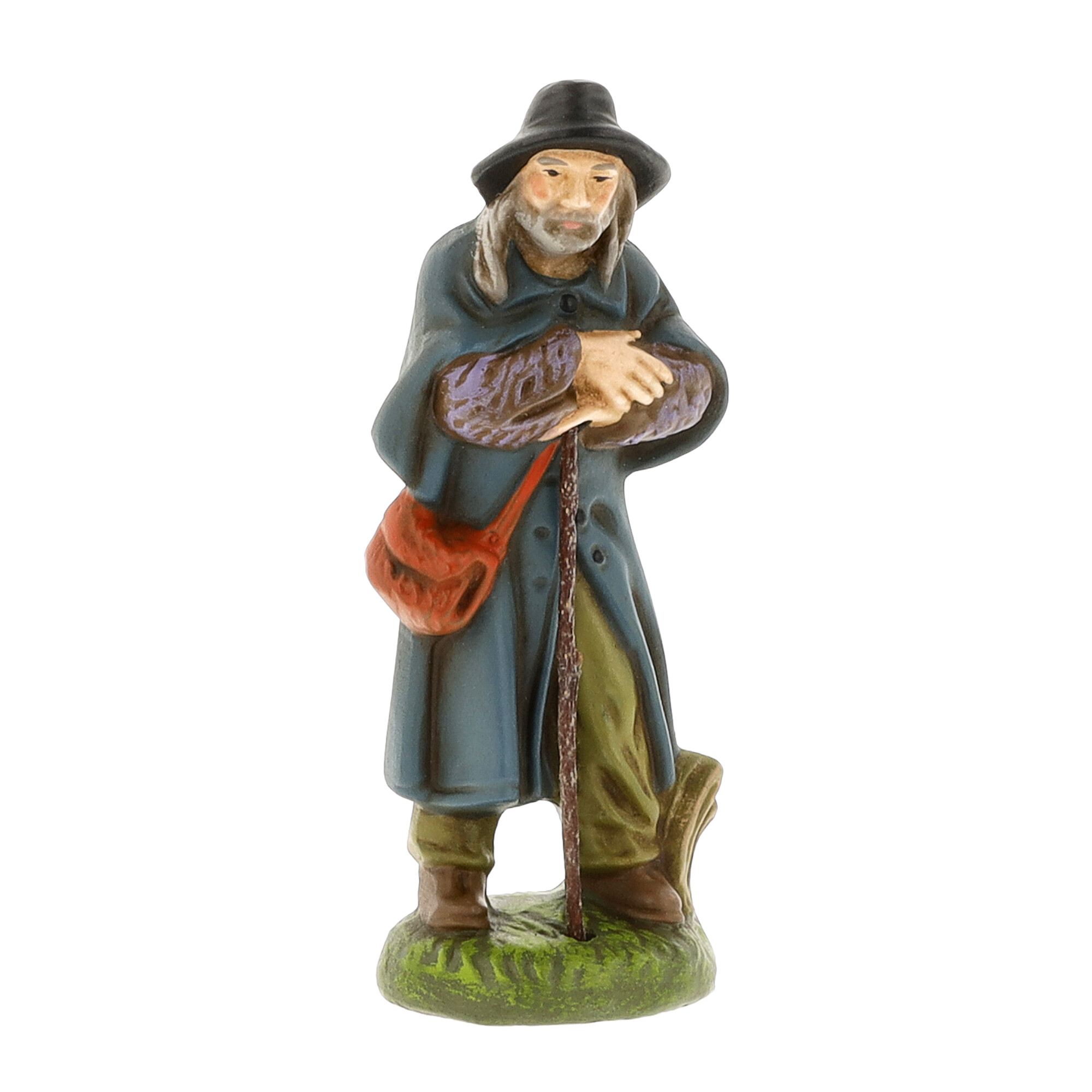 Handbemalte Dekofigur: Wanderer mit Gehstock und Tasche