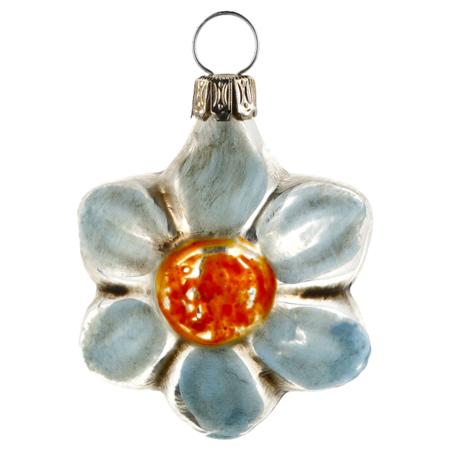 Glas-Christbaumschmuck Blume, blau mit orangefarbenem Kern