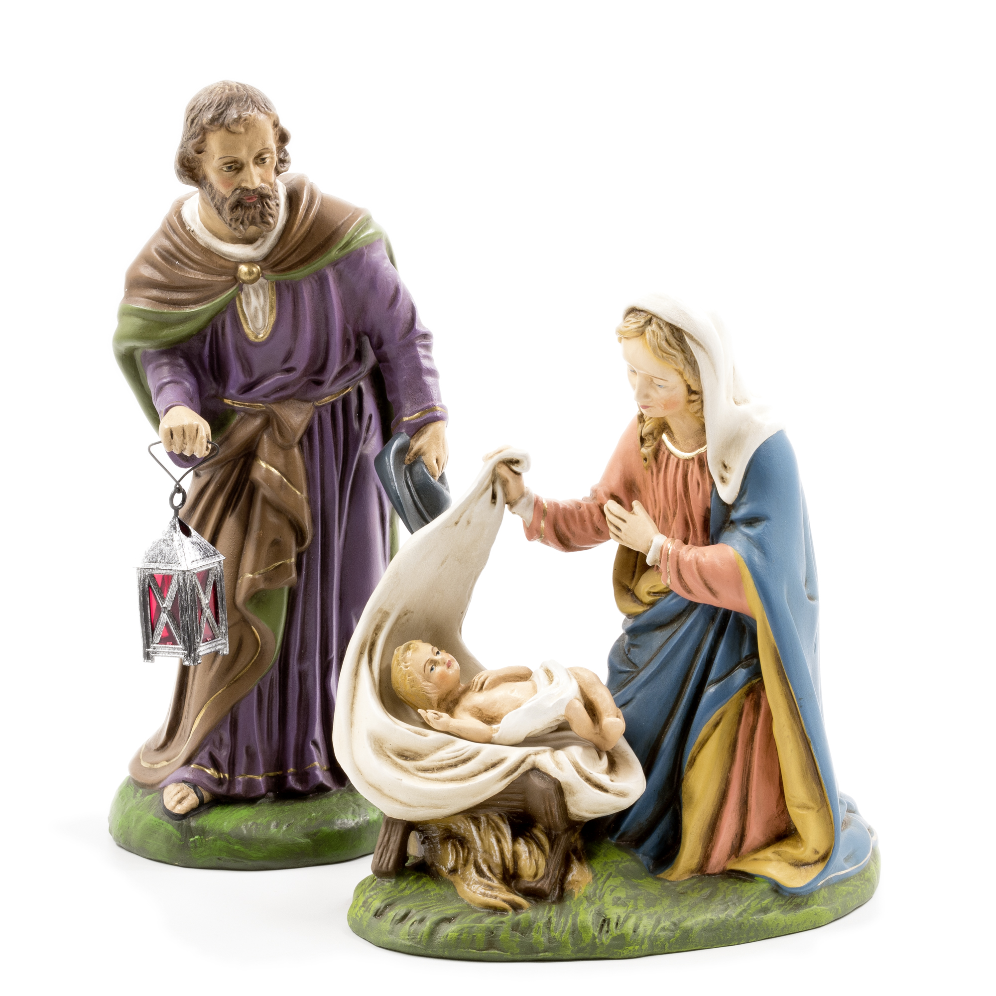 Krippenfiguren Heilige Familie mit Jesuskind und Laterne