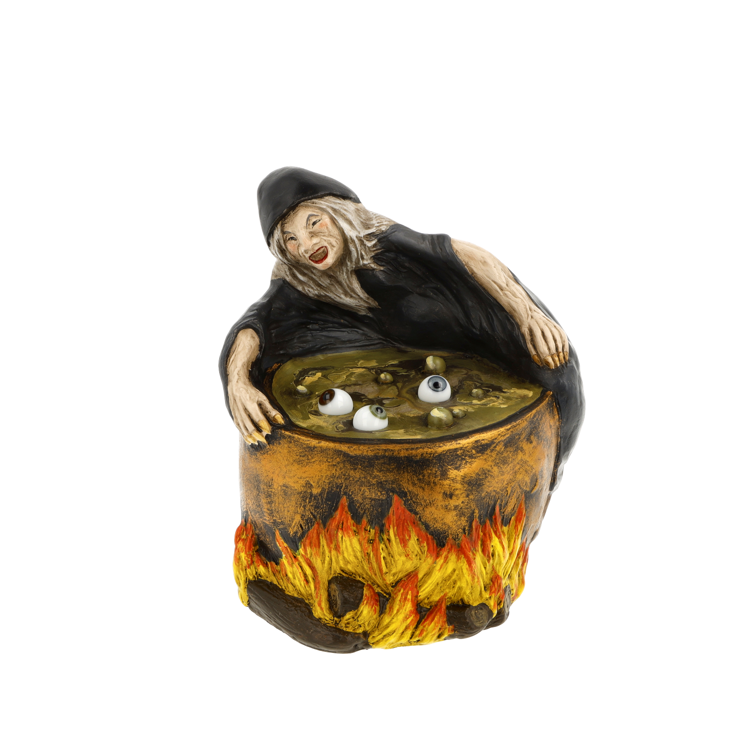 Hexenfigur am Kessel mit Augäpfeln und Flammen