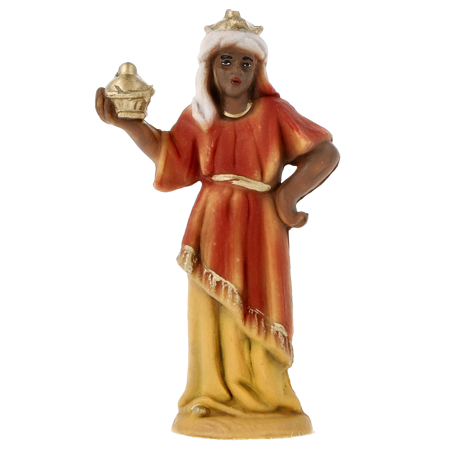 Krippenfigur Heiliger König mit Gabe, rot-gelb
