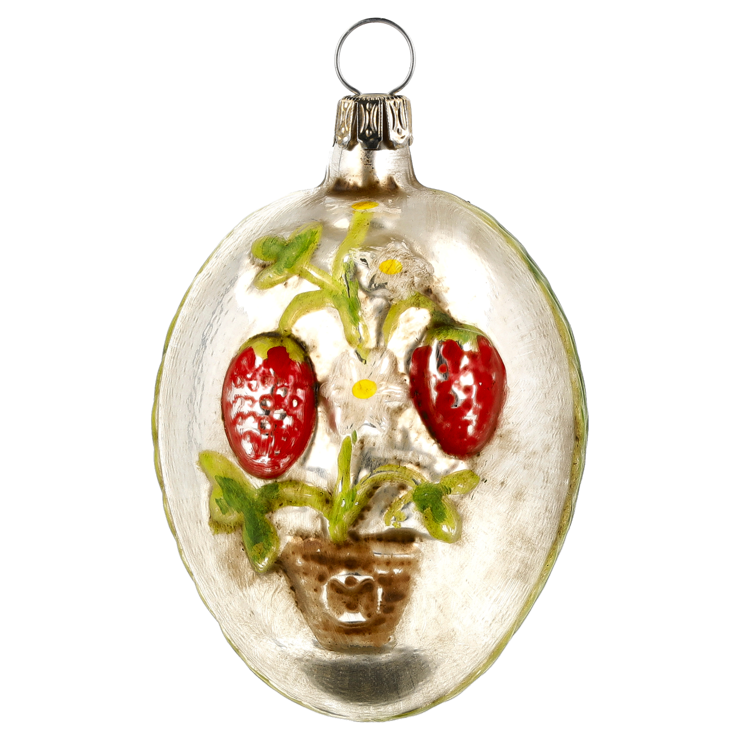 Vintage Glasornament mit Erdbeerpflanze im Topf